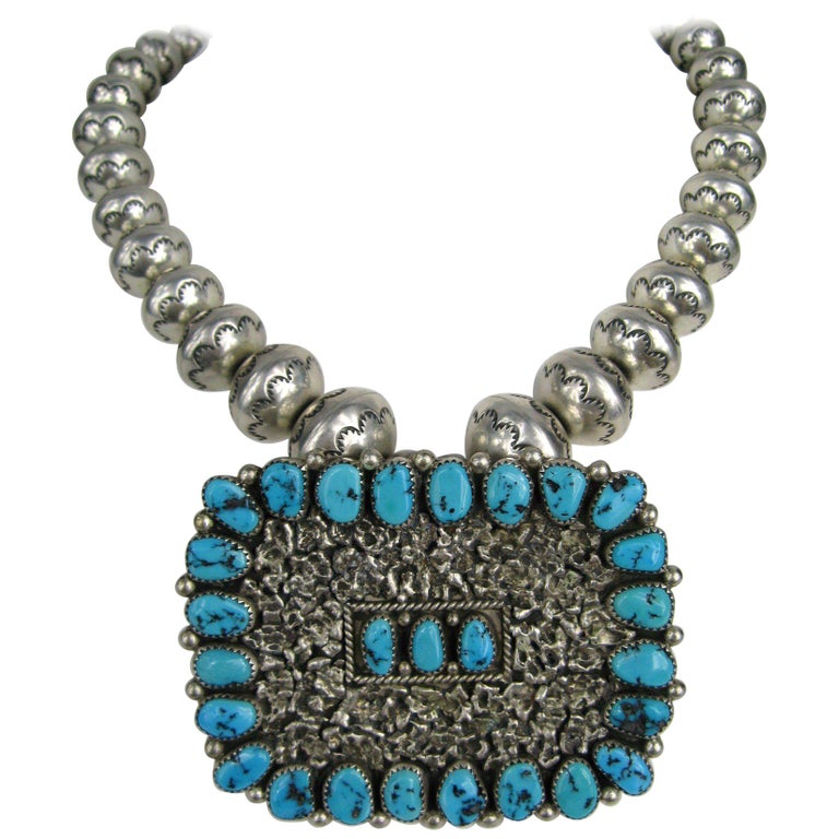 Sterling Silver Native American Zuni Turquoise Necklace, 1960s For Sale