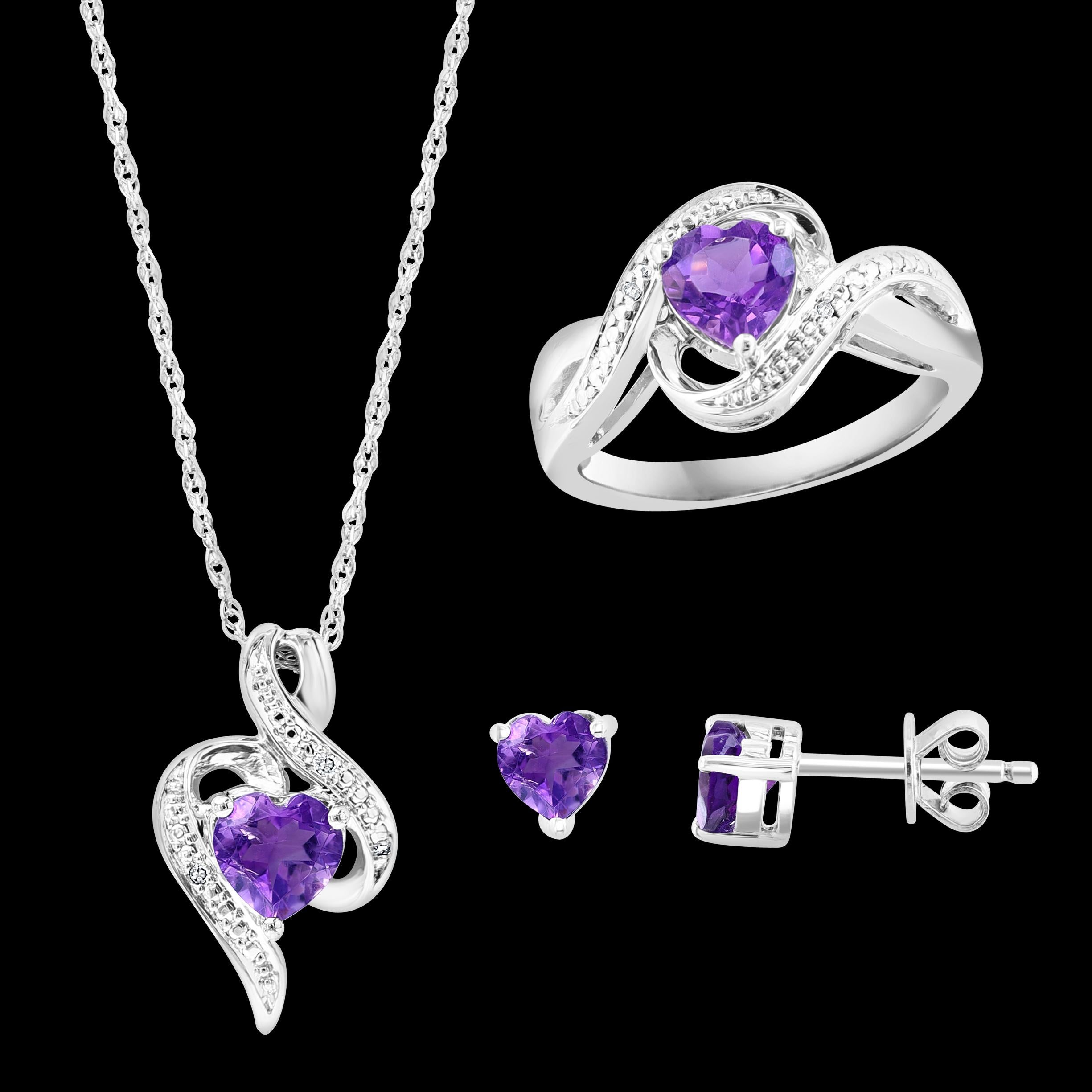 Women's Sterling Silver & Natural Amethyst Suite Ring , Earring & Pendant with Chain For Sale