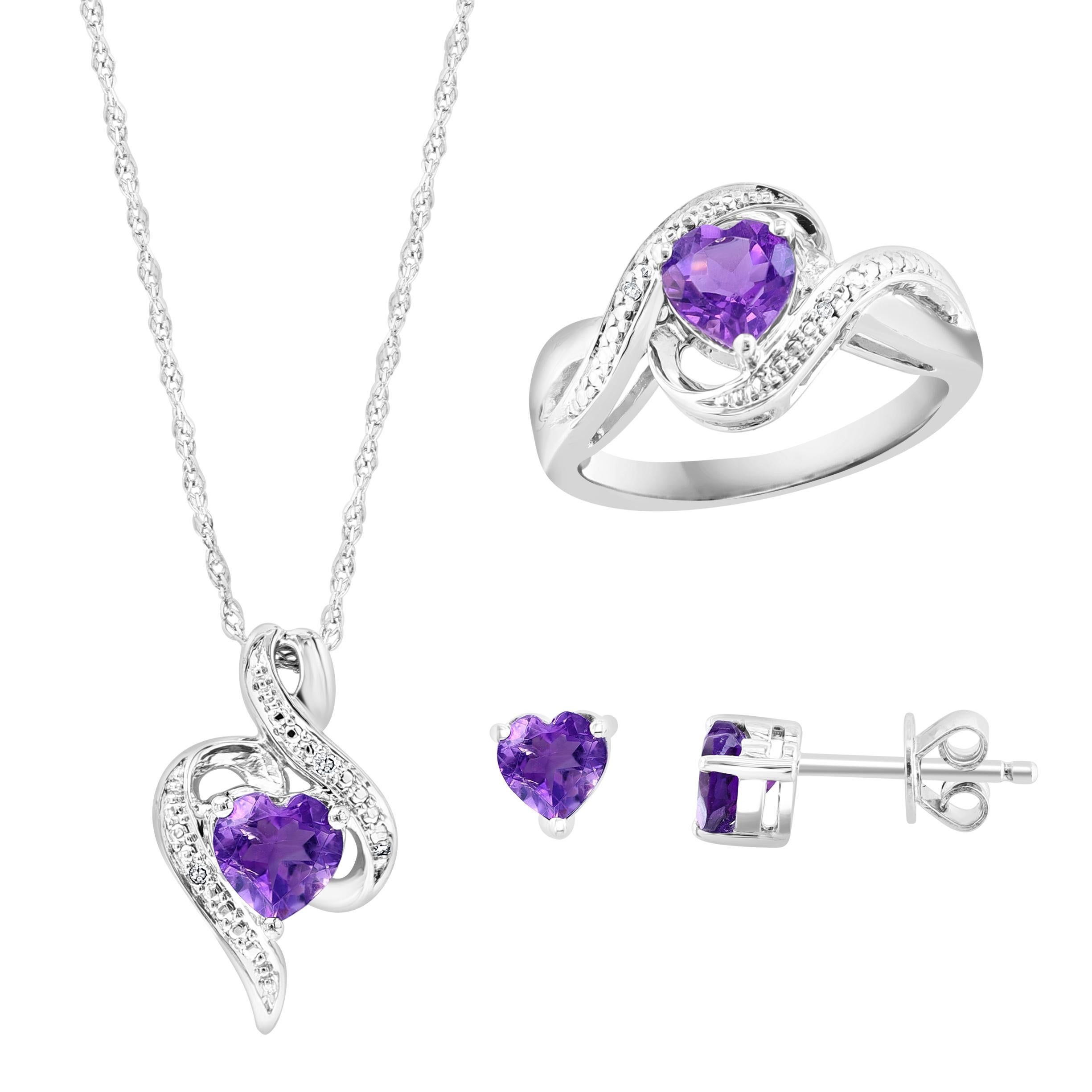 Sterling Silver & Natural Amethyst Suite Ring , Earring & Pendant with Chain For Sale 1