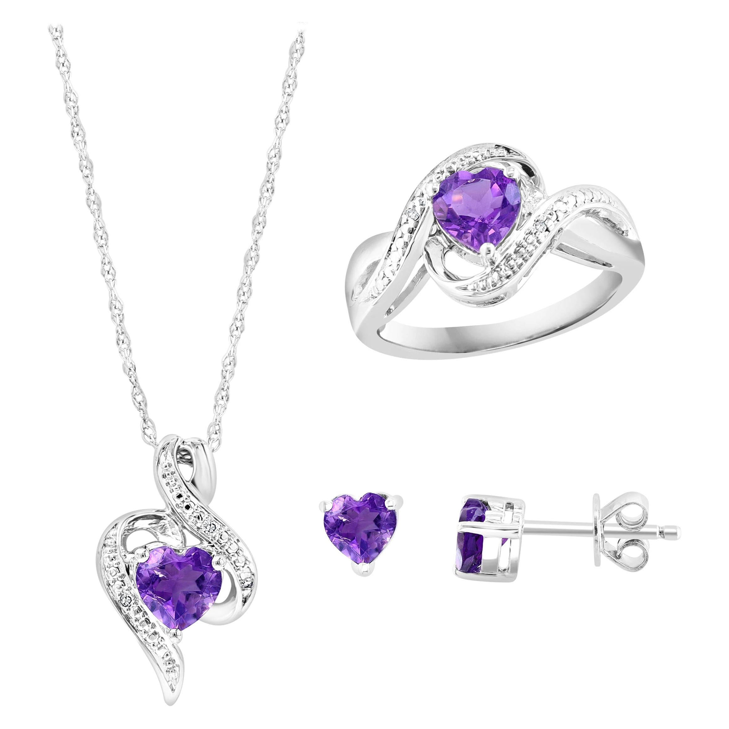 Suite bague, boucles d'oreilles et pendentif en argent sterling et améthyste naturelle avec chaîne en vente