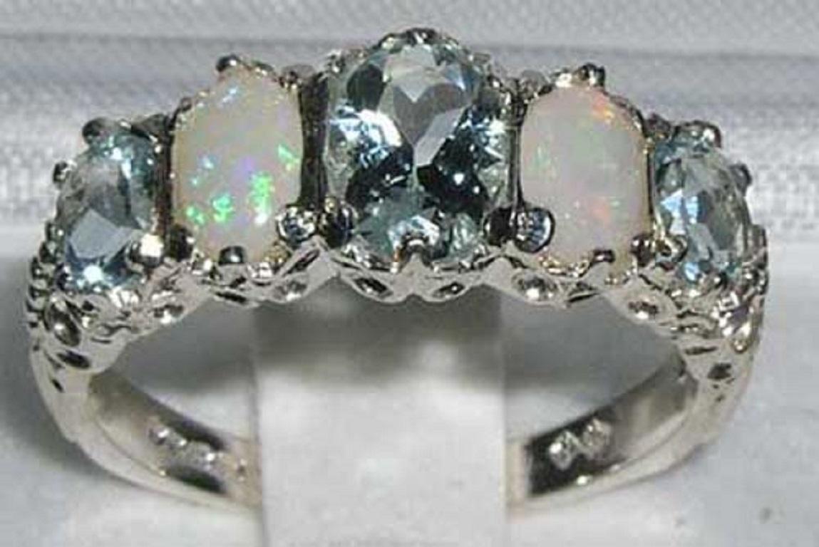 For Sale:  Sterling Silver Natural Aquamarine & Opal Victorian Eternity Ring Customizable 2