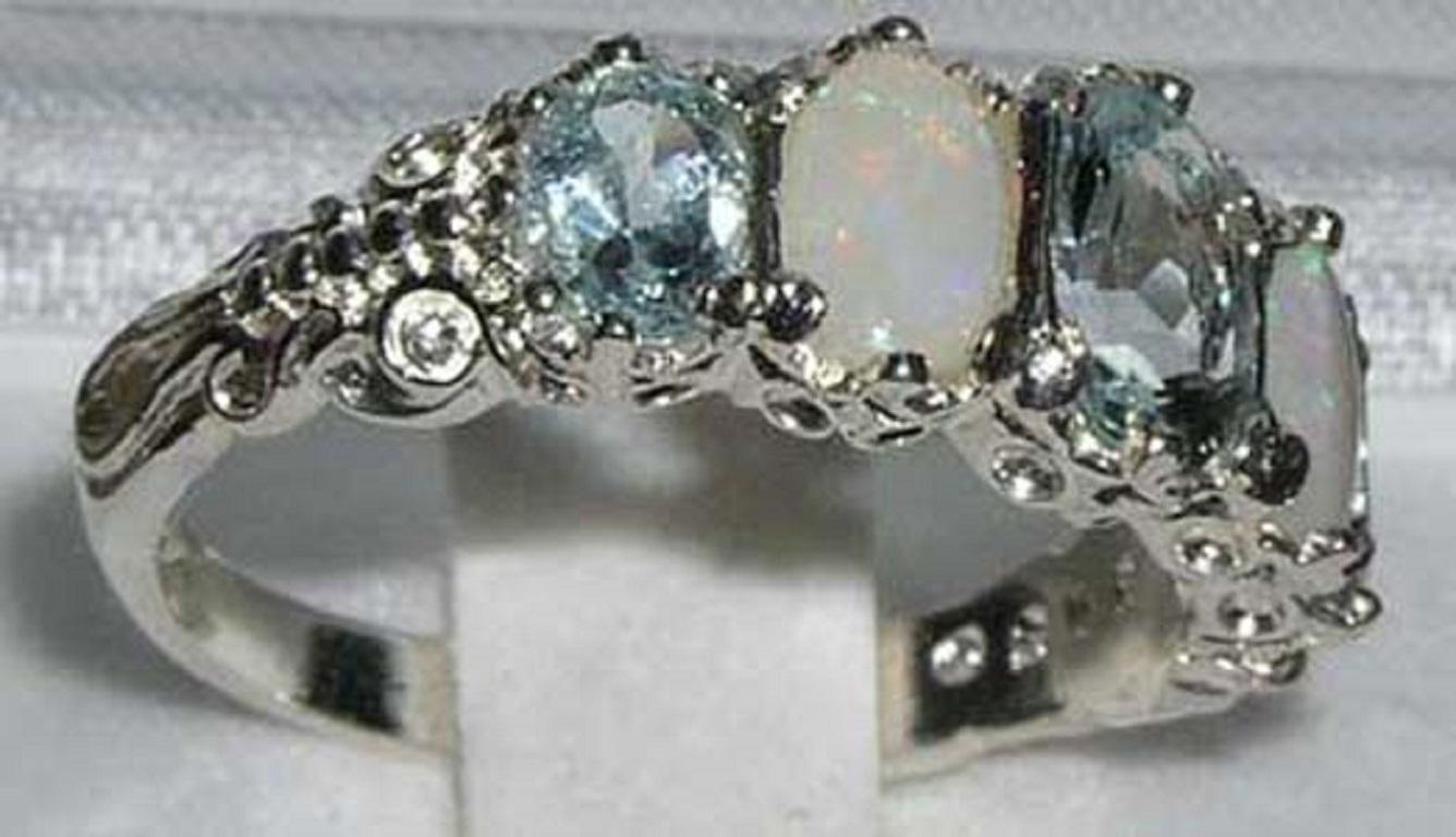 For Sale:  Sterling Silver Natural Aquamarine & Opal Victorian Eternity Ring Customizable 3