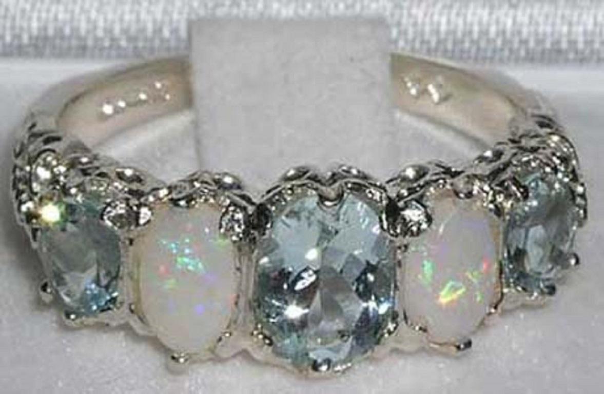 For Sale:  Sterling Silver Natural Aquamarine & Opal Victorian Eternity Ring Customizable 4