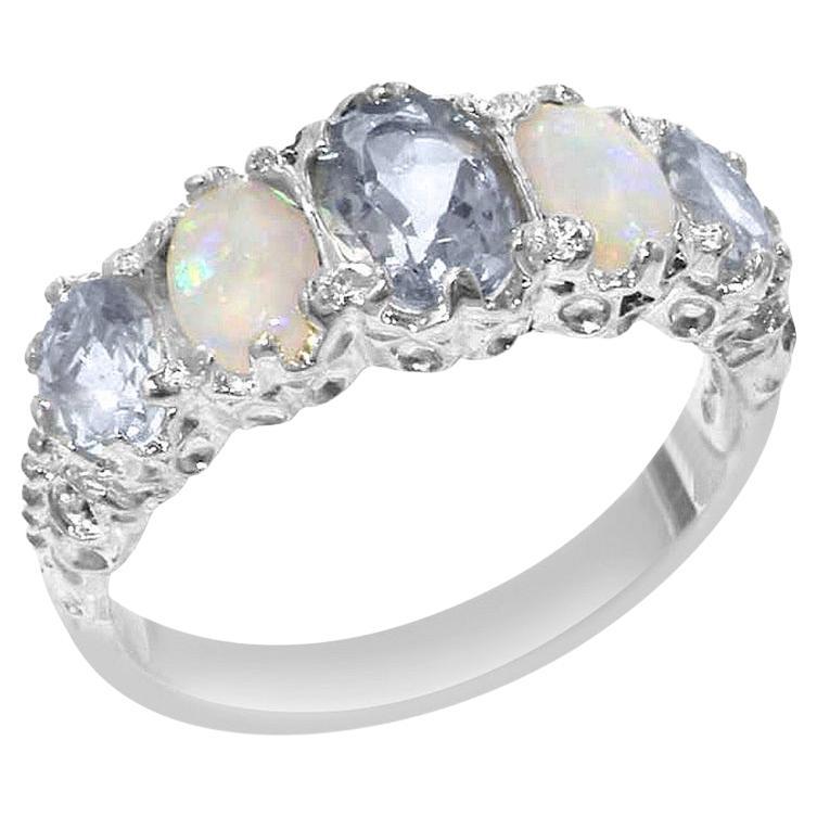 For Sale:  Sterling Silver Natural Aquamarine & Opal Victorian Eternity Ring Customizable