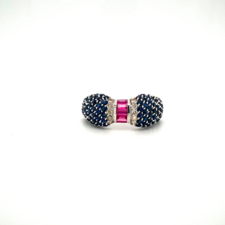 For Sale:  Sterling Silver Natural Blue Sapphire and Ruby Cocktail Ring with Diamonds 3