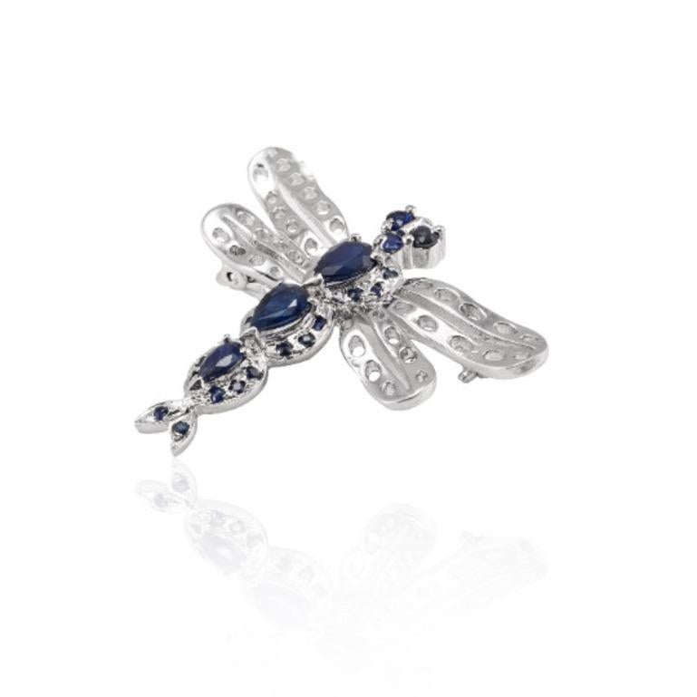 Mixed Cut 925 Sterling Silver Natural Blue Sapphire Dragonfly Brooch  For Sale