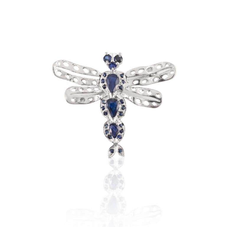 925 Sterling Silver Natural Blue Sapphire Dragonfly Brooch  In New Condition In Houston, TX