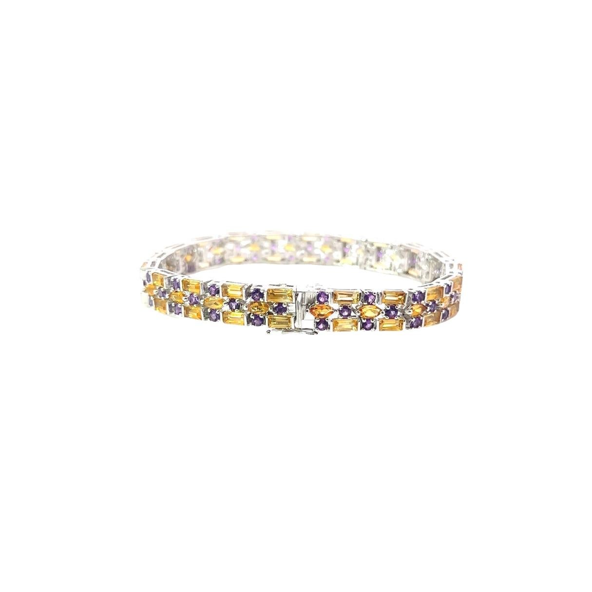 Natural Citrine and Amethyst Tennis Wedding Bracelet for Her in sterling silver showcases endlessly sparkling natural citrine, amethyst, weighing 18.1 carat. It measures 7 inches long in length.
Citrine, Amethyst stimulate concentration and reduces
