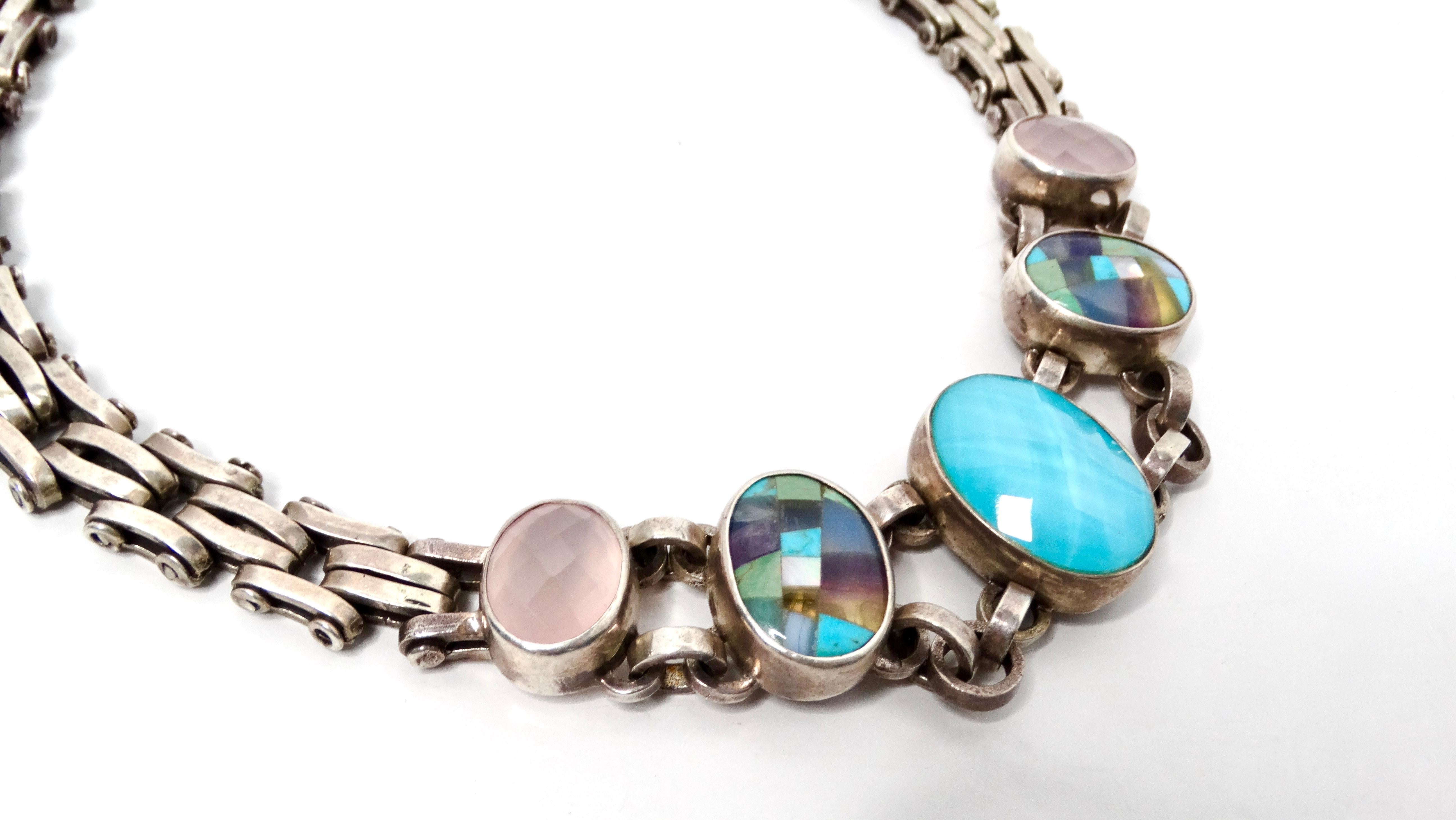 Collar de Eslabones de Plata de Ley con Múltiples Piedras Naturales en Bueno estado para la venta en Scottsdale, AZ