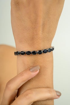 Sterling Silver Natural Oval Cut Blue Sapphire Tennis Bracelet for Women Jewelry