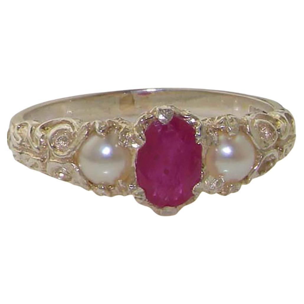 Sterling Silver Natural Ruby & Pearl Victorian Trilogy Band Ring