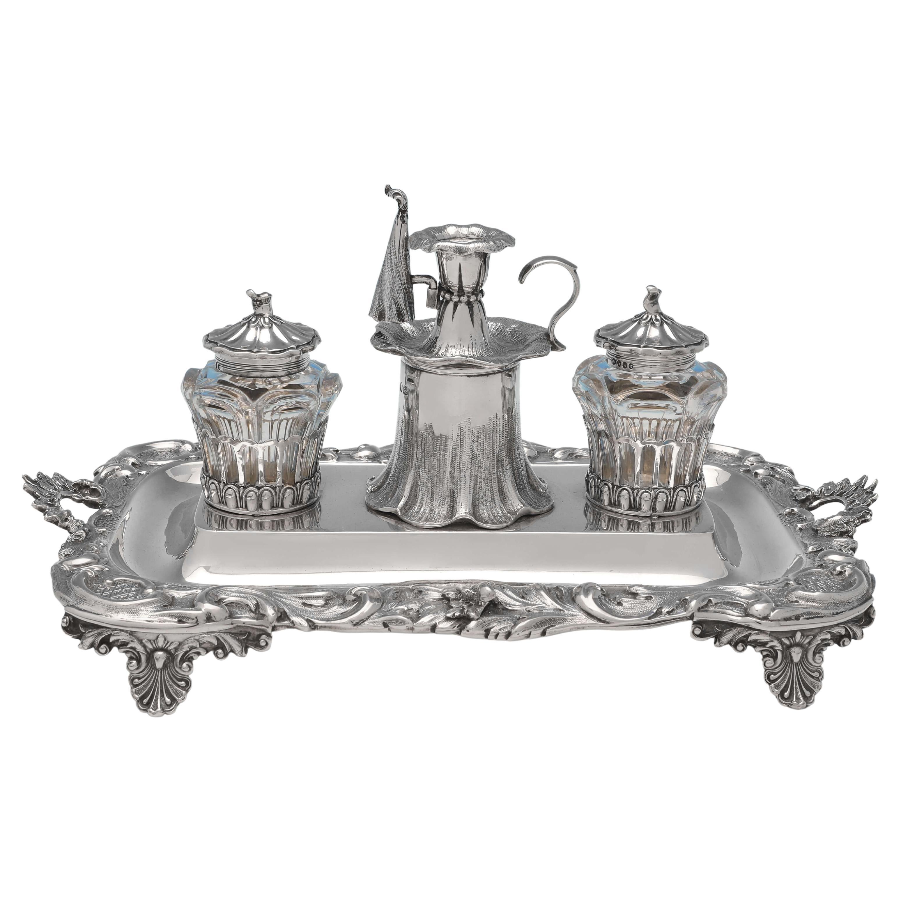 Naturalistic Victorian Sterling Silver Ink Stand, Charles & George Fox, 1846
