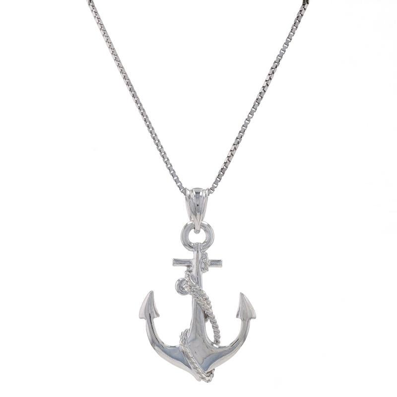 Metal Content: 925 Sterling Silver

Necklace Style: Chain
Chain Style: Box
Fastening Type: Spring Ring Clasp
Theme: Nautical Anchor, Sailing Yachting
Features: Smoothly finished with rope-textured detailing

Measurements

Item 1: Pendant
Tall (from