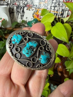 Sterling Silver Navajo 3 Turquoise Cuff Bracelet Old Pawn Native American