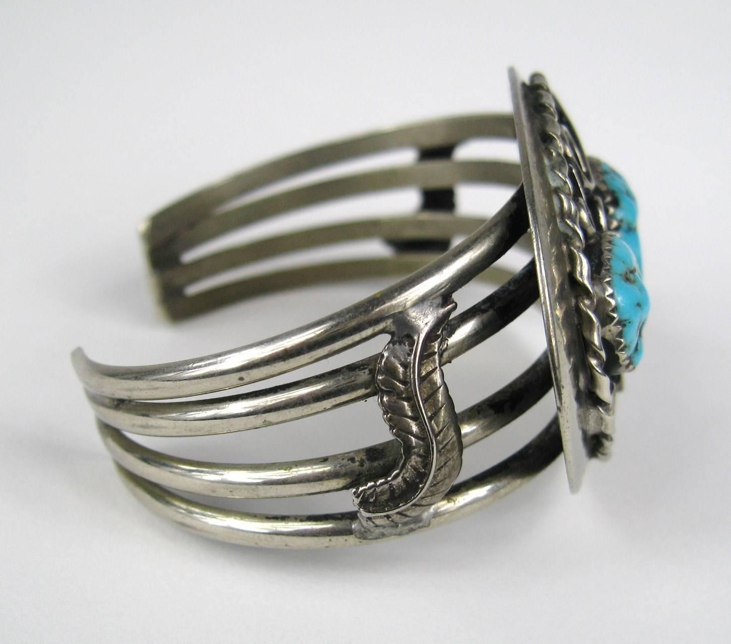 Navajo old pawn Sterling Silver Cuff. 3 Large Turquoise Nugget. 4 Wire Cuff . Hallmarked R.V. Measuring 1.50 in top to bottom x 2.18 in wide  with 1.09 in  opening - Will fit a 6 to 7 in wrist and has a bit of give since sterling is pliable. This is