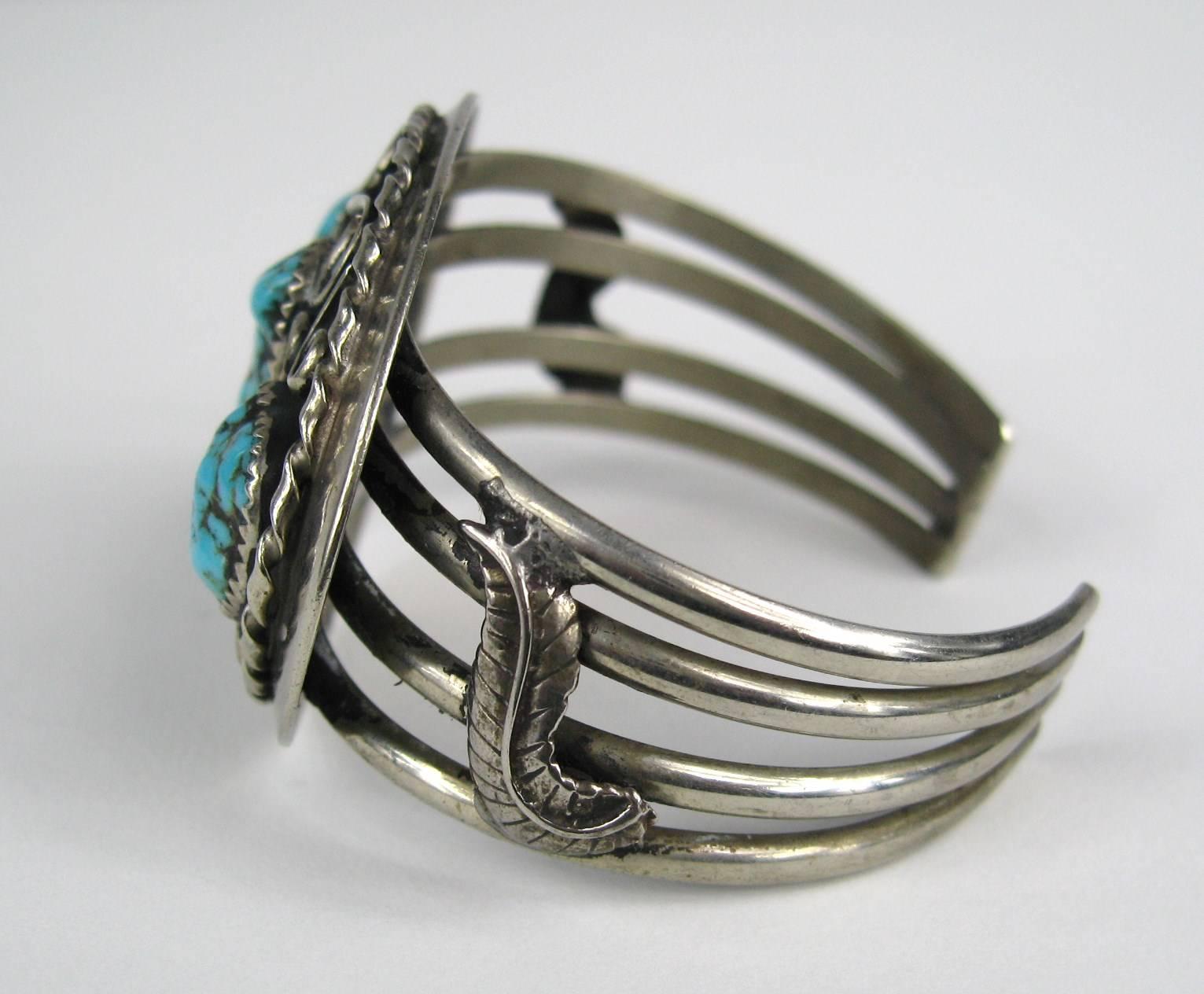 Sterling Silber Navajo 3 Türkis Manschettenarmband Old Pawn Native American im Zustand „Gut“ im Angebot in Wallkill, NY