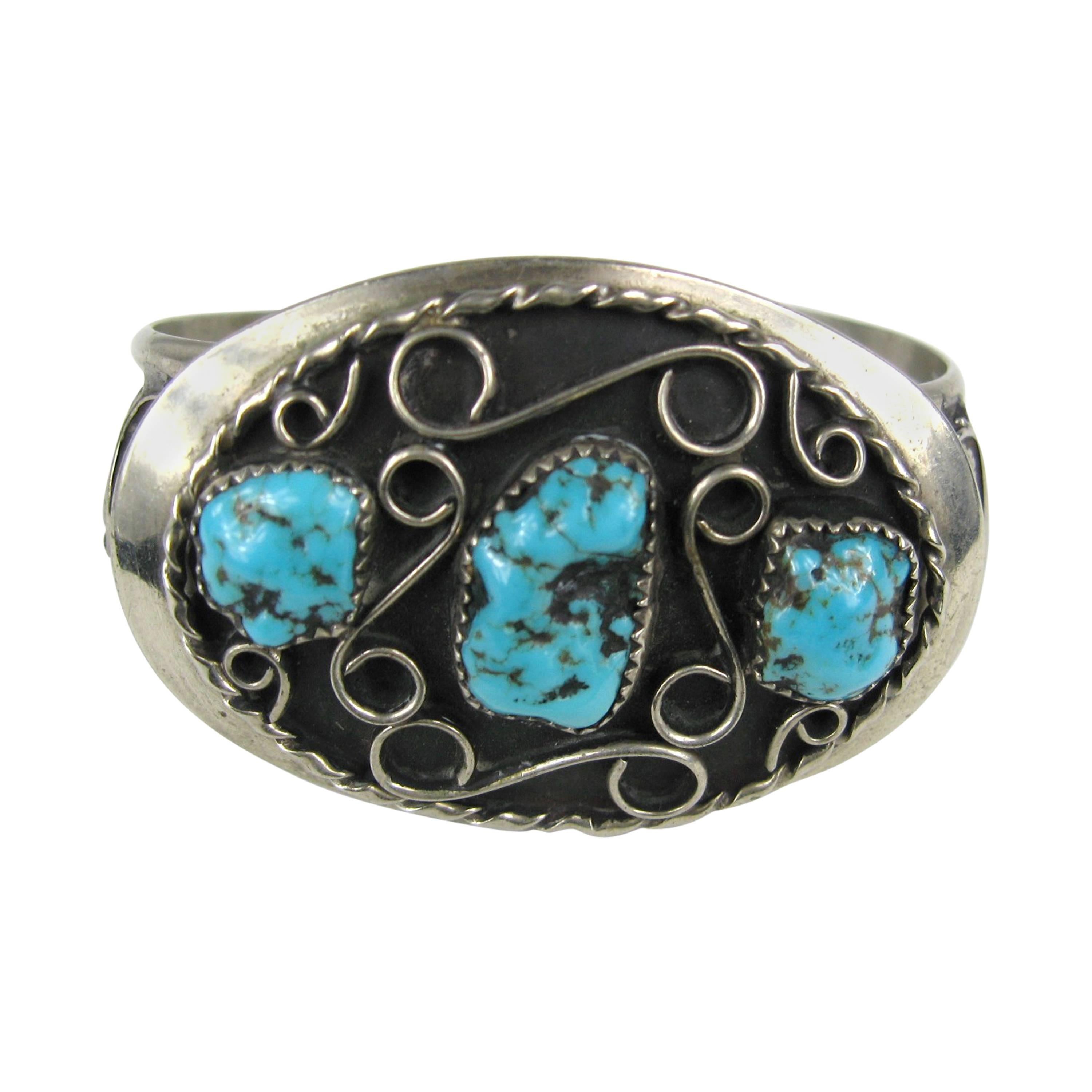 Sterling Silver Navajo 3 Turquoise Cuff Bracelet Old Pawn Native American In Good Condition For Sale In Wallkill, NY