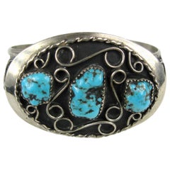 Sterling Silver Navajo 3 Turquoise Cuff Bracelet Old Pawn Native American