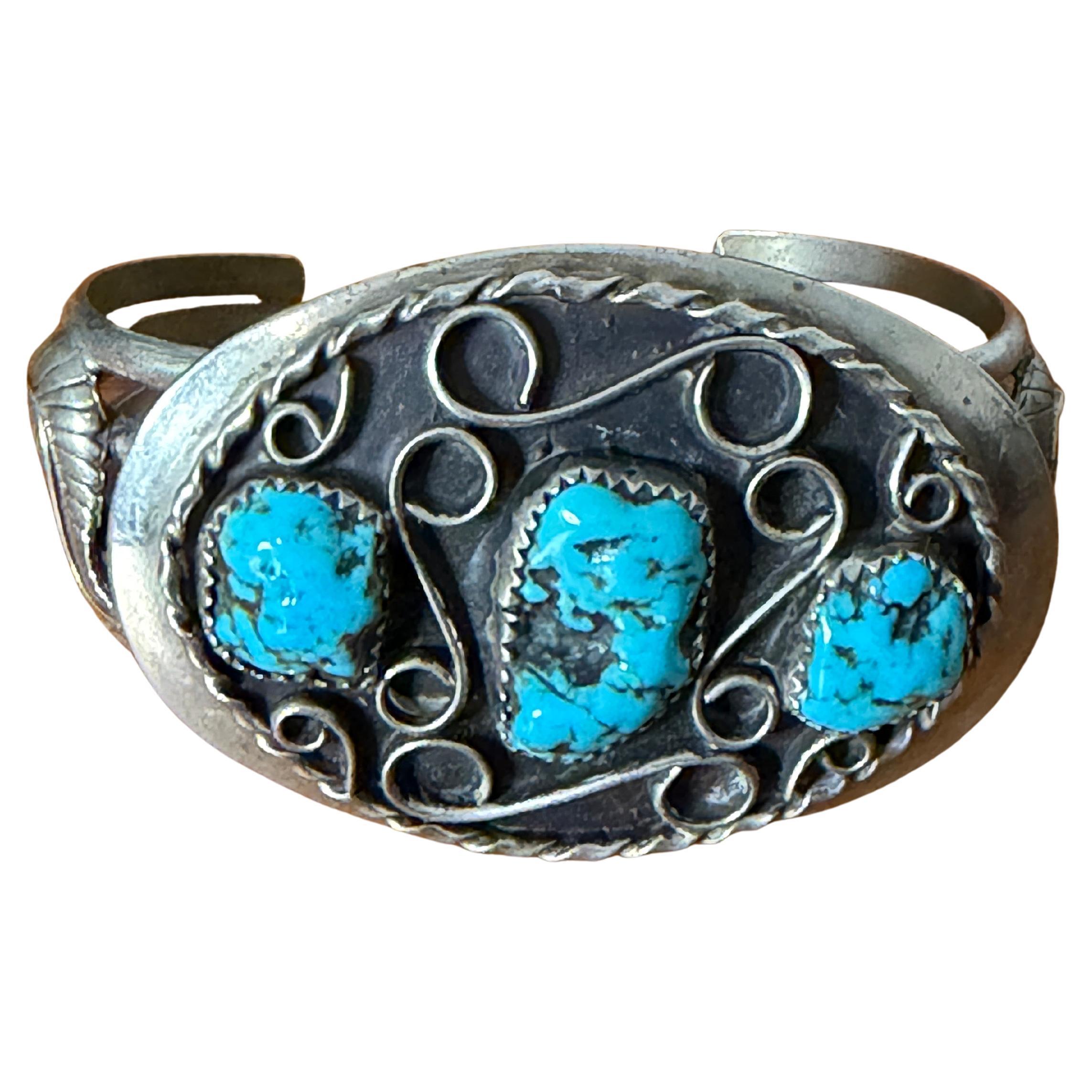 Sterling Silver Navajo 3 Turquoise Cuff Bracelet Old Pawn Native American