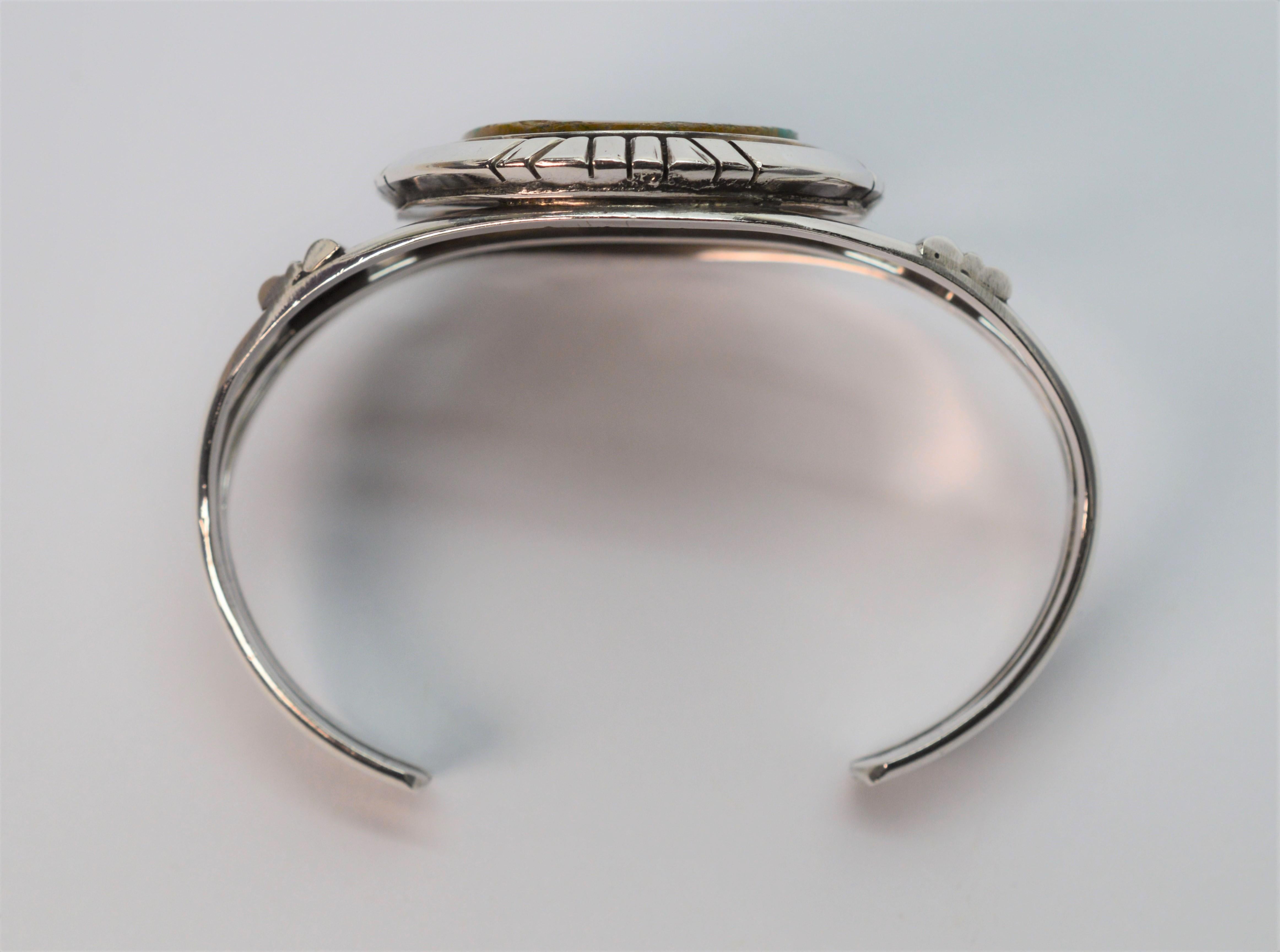 Oval Cut Sterling Silver Navajo Artisan Cuff Bracelet w Polished Unakite Stone