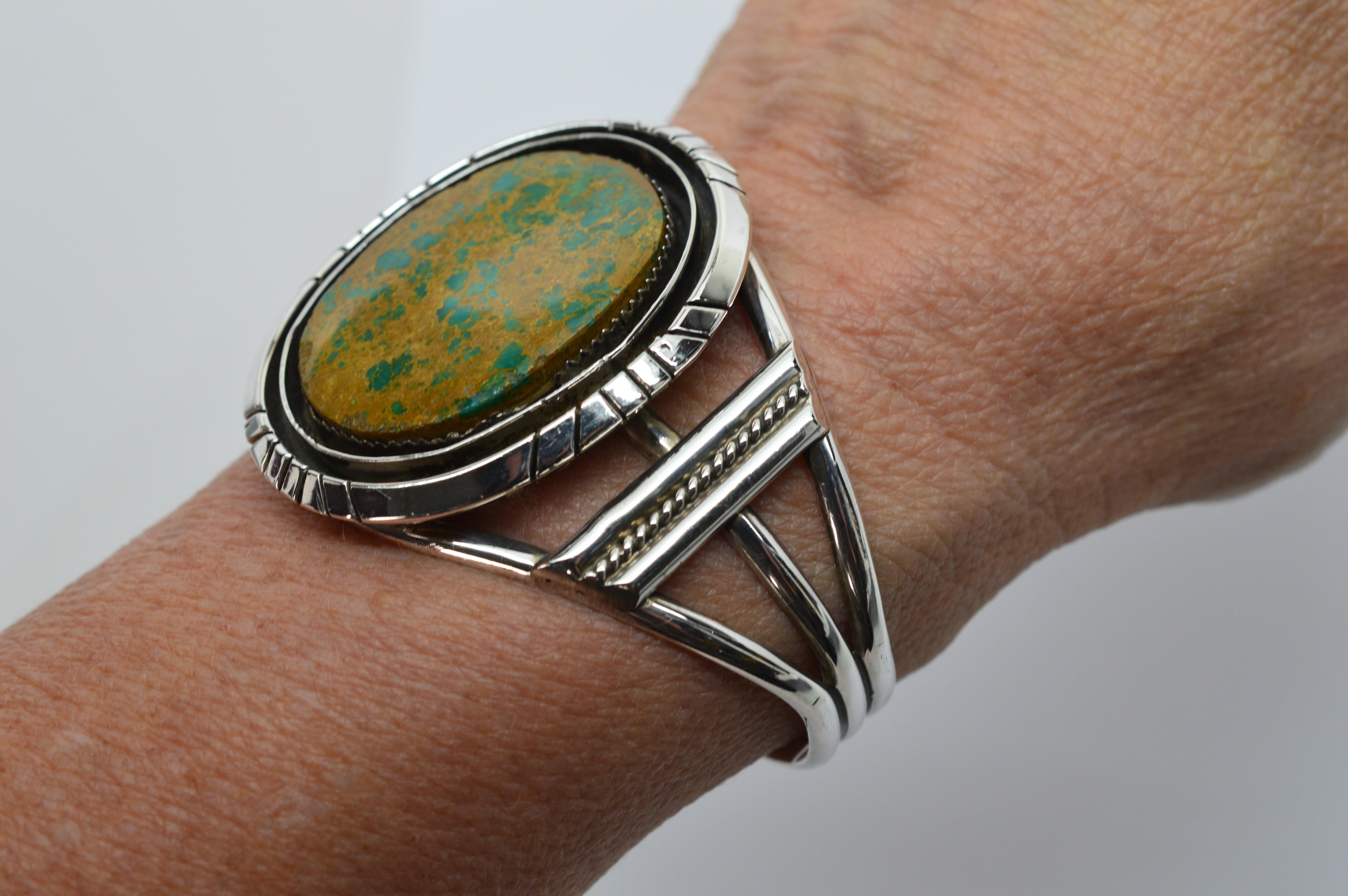 Women's or Men's Sterling Silver Navajo Artisan Cuff Bracelet w Polished Unakite Stone