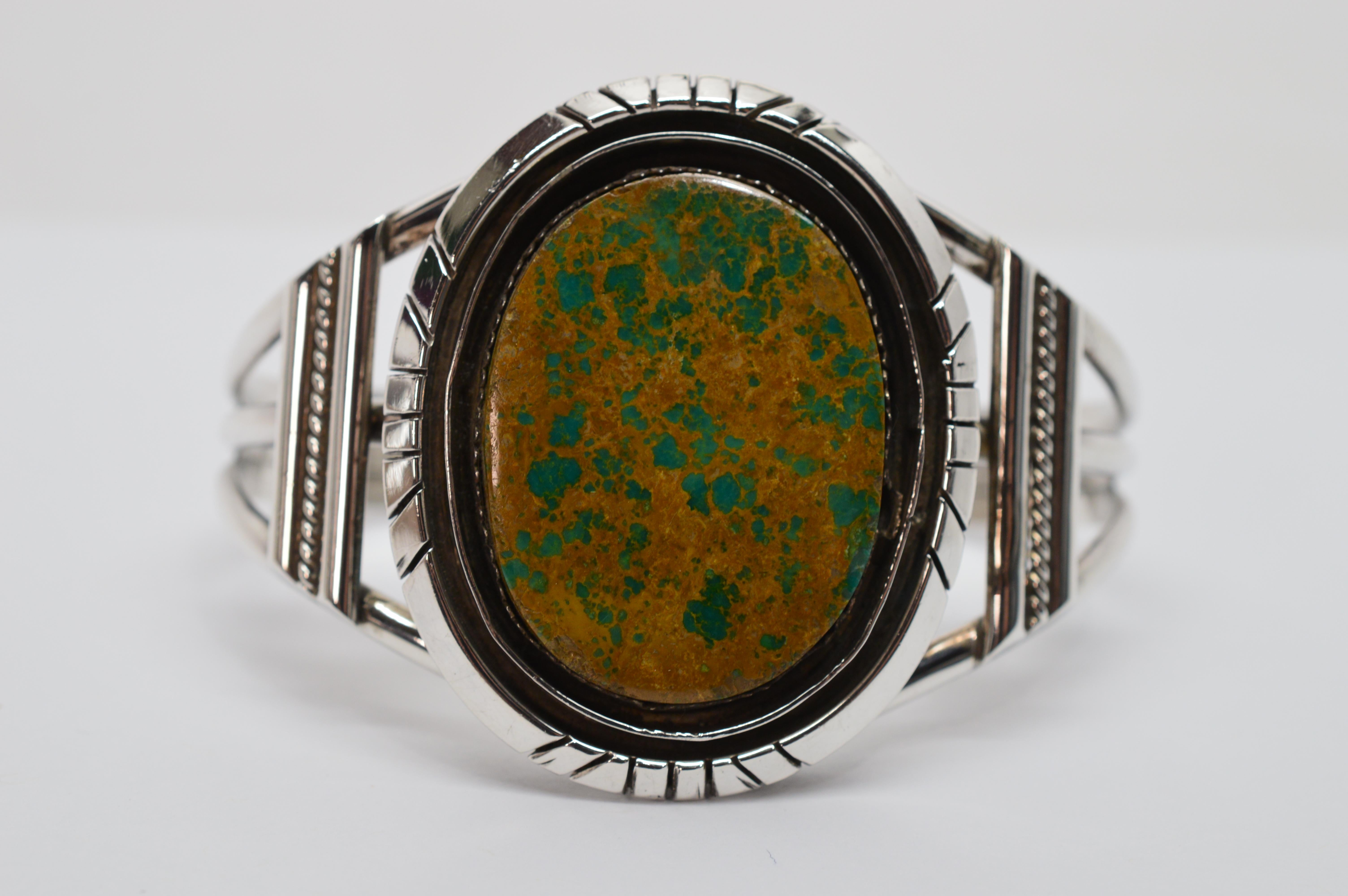 Sterling Silver Navajo Artisan Cuff Bracelet w Polished Unakite Stone 3