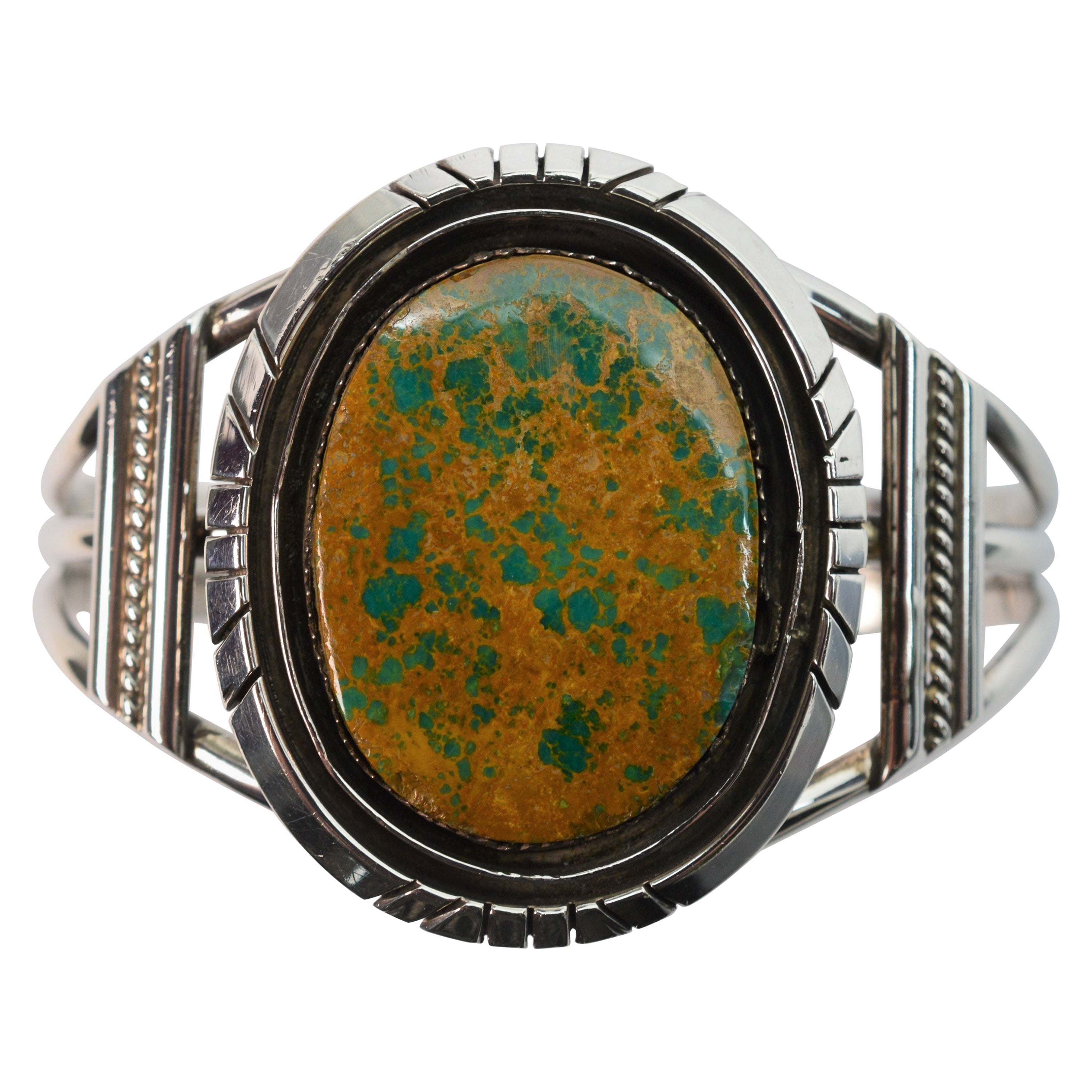 Sterling Silber Navajo Artisan Manschette Armband w poliert Unakite Stein