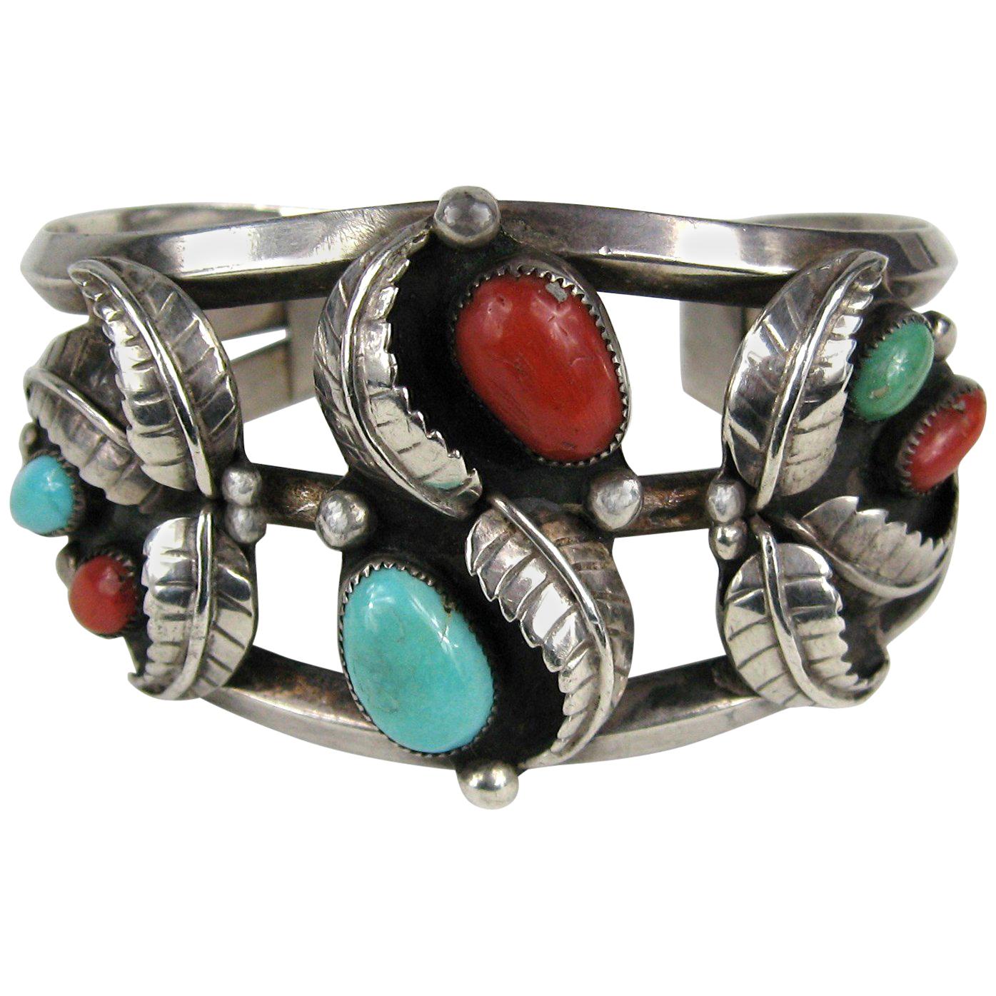 Sterling Silver Navajo Handmade Engraved Turquoise or Coral Stone Cuff Bracelet 