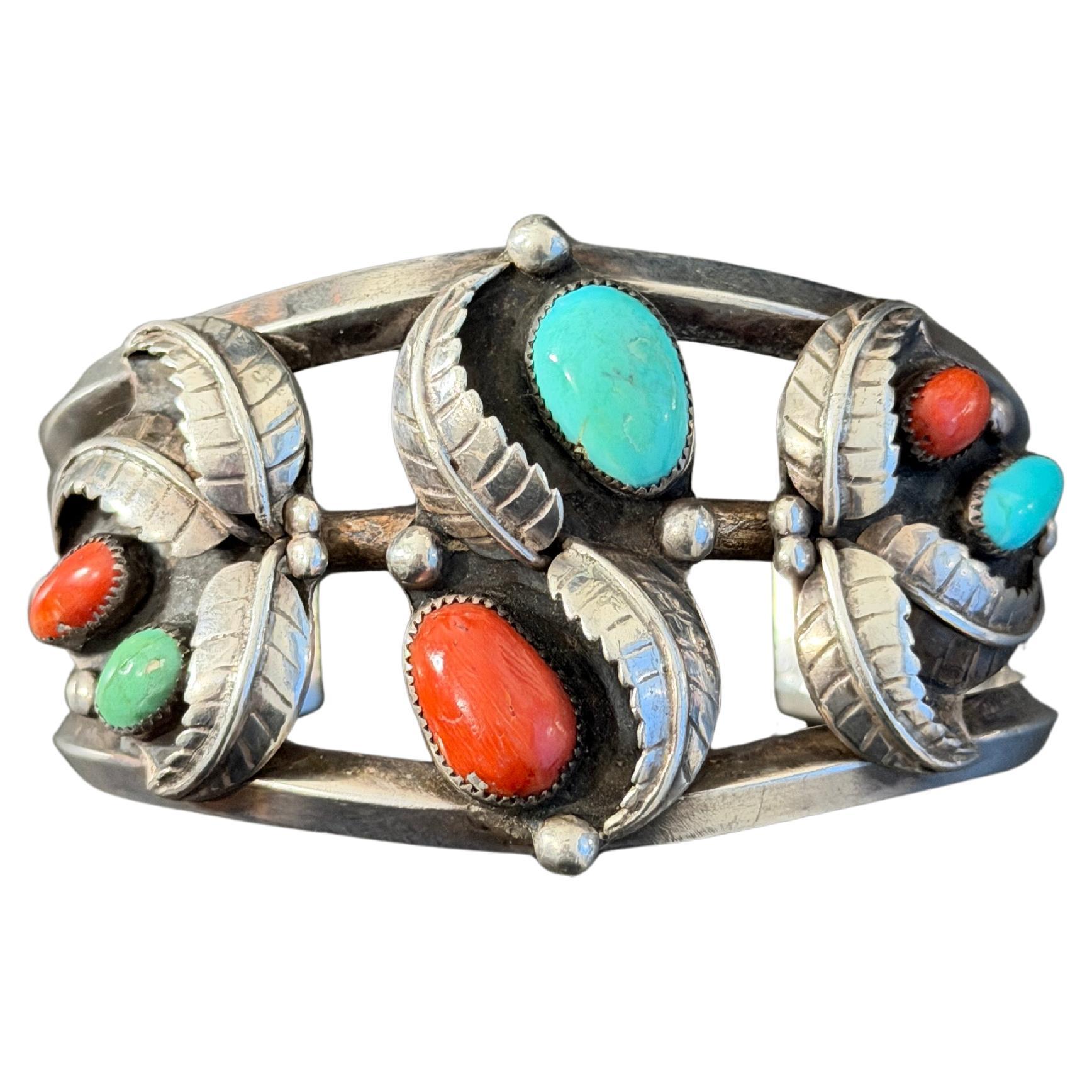 Bracciale Navajo in argento sterling con turchese e corallo, nativo americano