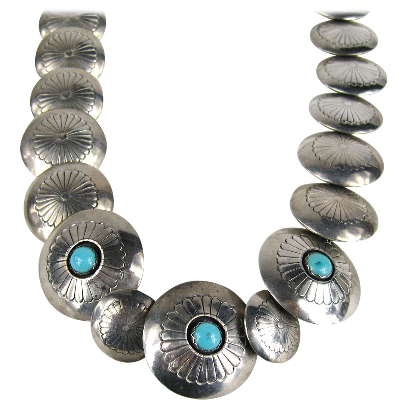 Sterling Silver Navajo Disc Necklace Turquoise - Coral Reversible Necklace