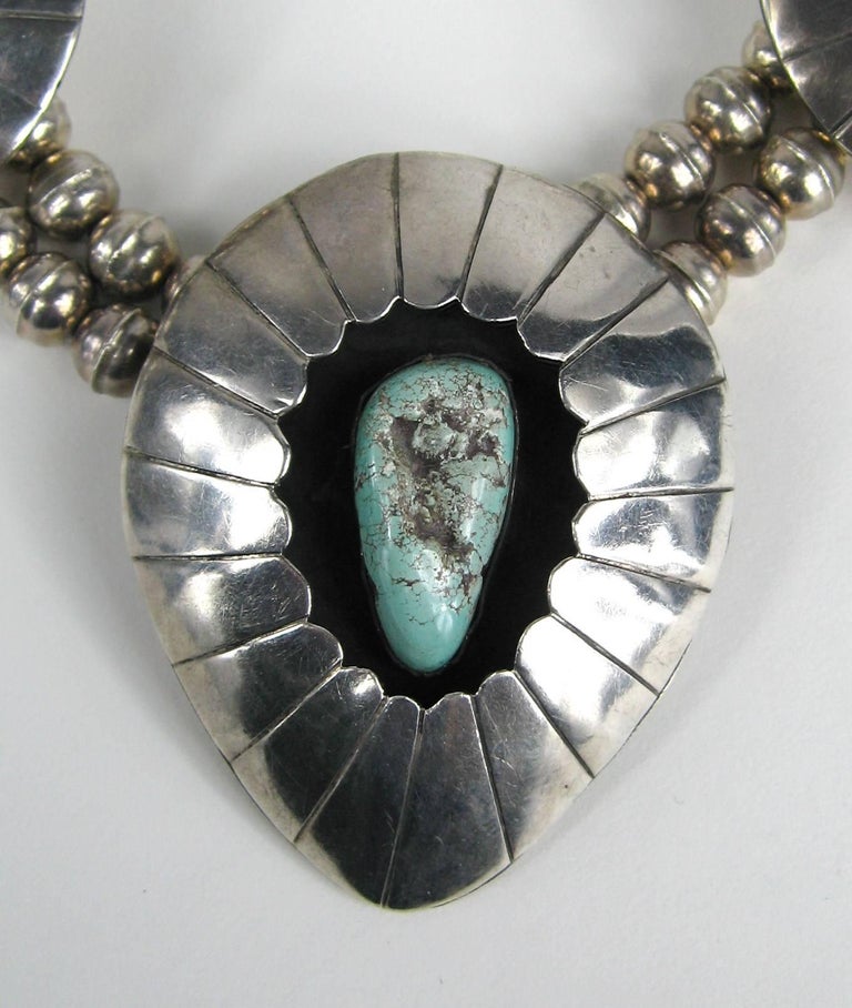 Sterling Silver Navajo Shadow Box Squash Turquoise Matrix Necklace For