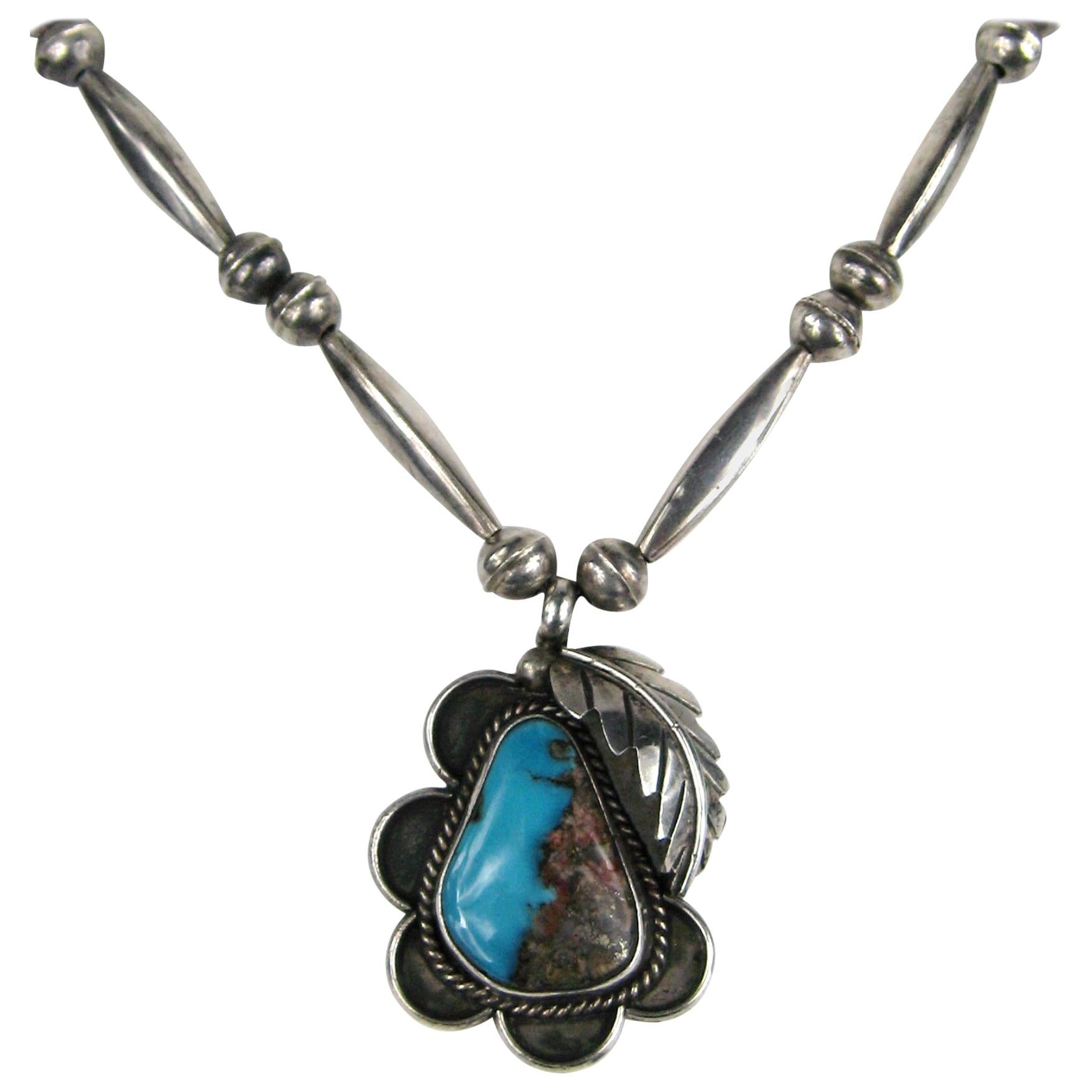Sterling Silver Navajo Shadow Box Turquoise Necklace, 1970s  For Sale