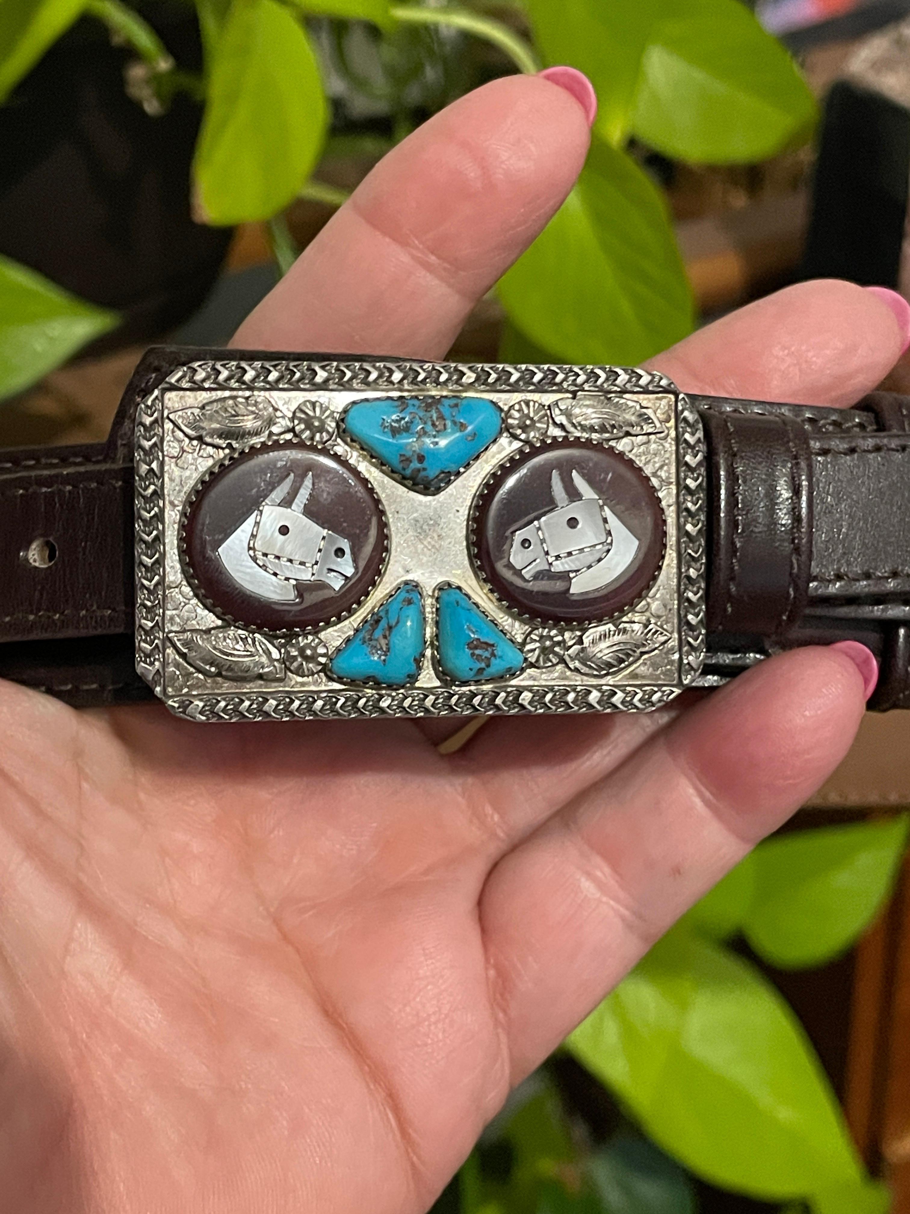 Sterling Silver Navajo Turquoise Belt Buckle w/ Leather Belt  For Sale 2