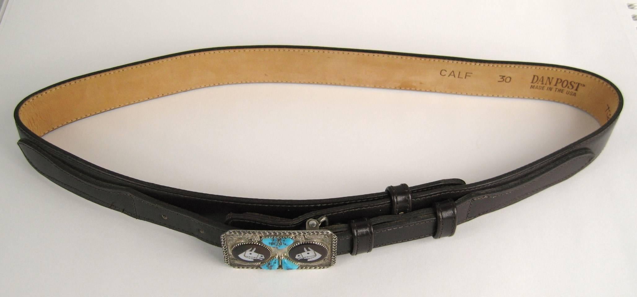 Brown Sterling Silver Navajo Turquoise Belt Buckle w/ Leather Belt  For Sale