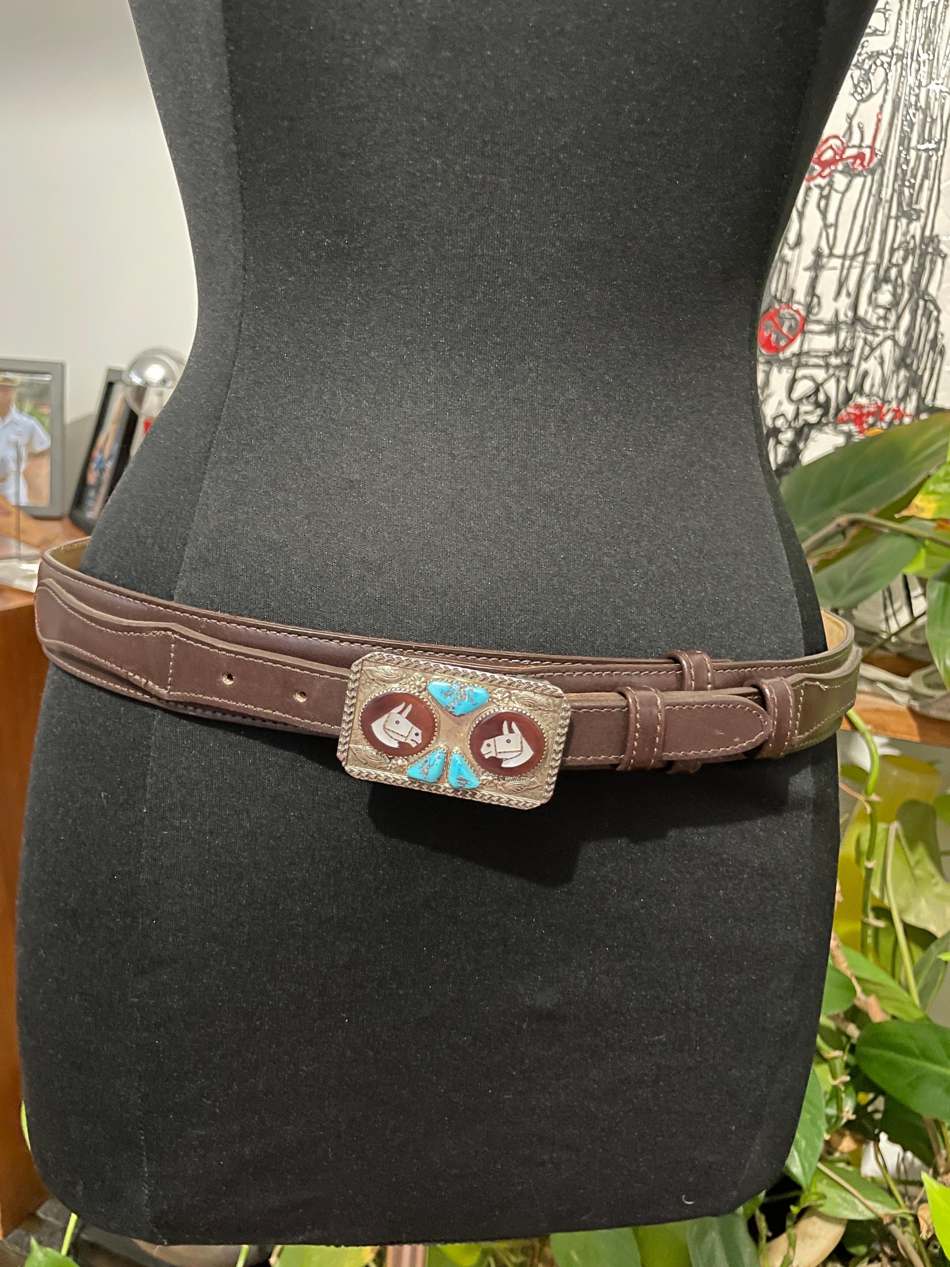 Women's or Men's Sterling Silver Navajo Turquoise Belt Buckle w/ Leather Belt  For Sale
