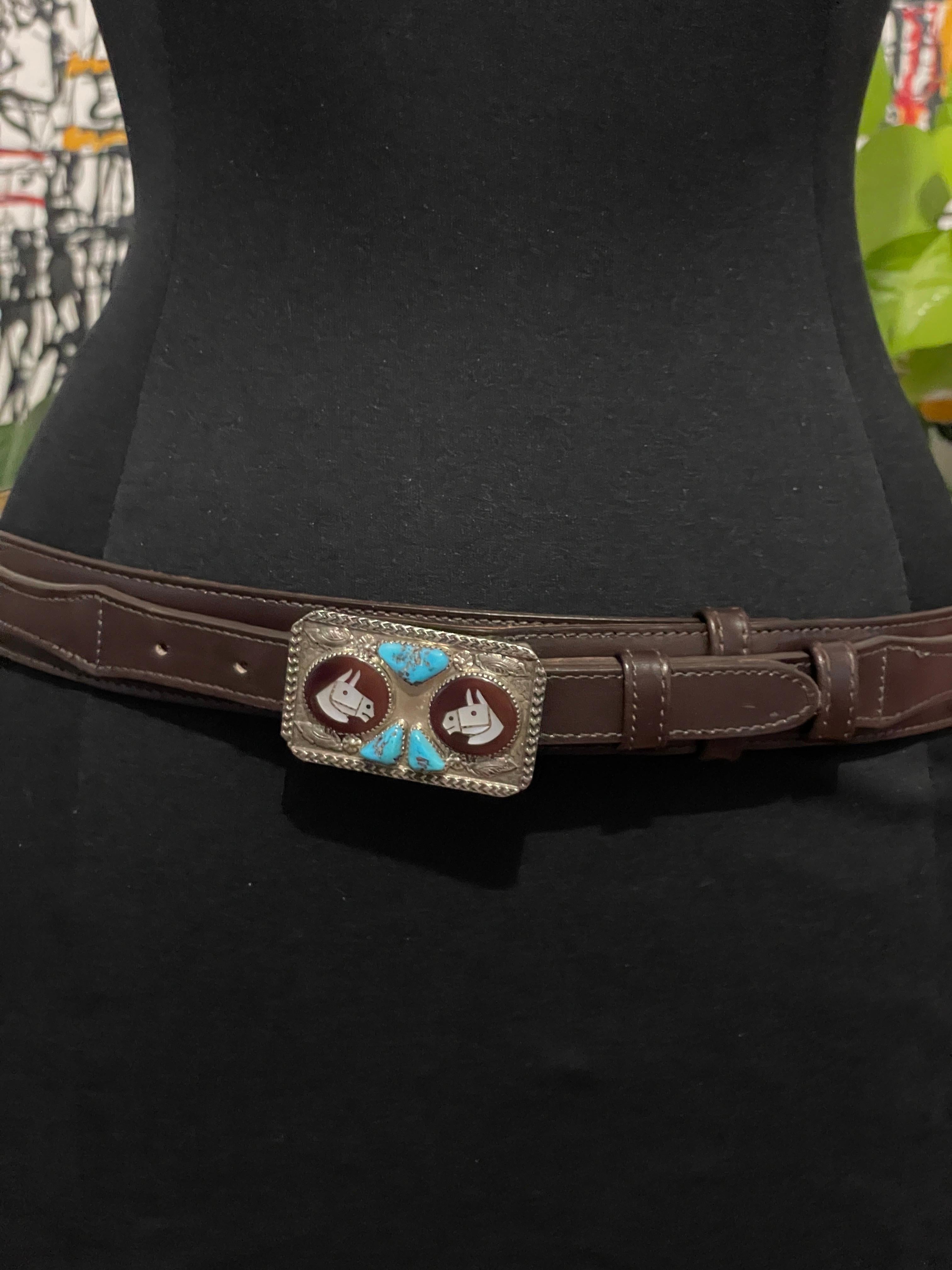 Sterling Silver Navajo Turquoise Belt Buckle w/ Leather Belt  For Sale 1