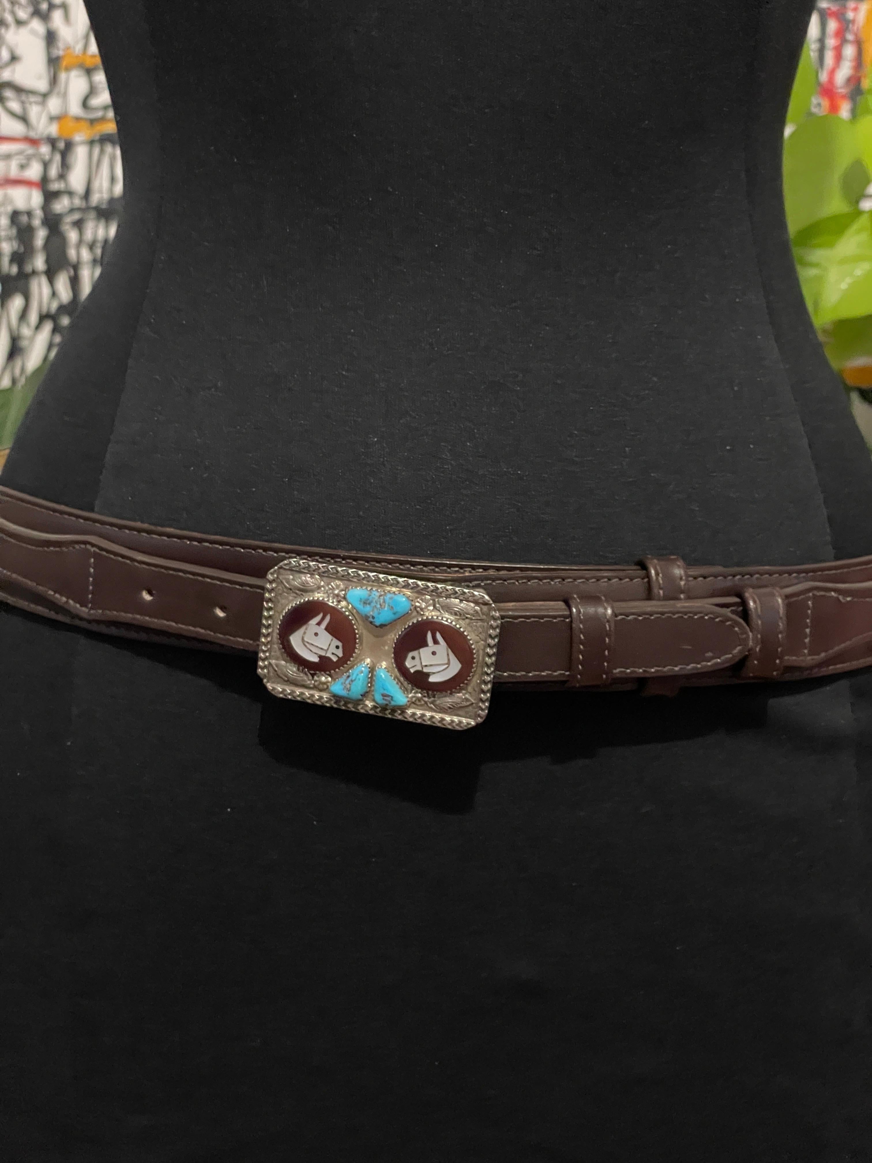 Sterling Silver Navajo Turquoise Belt Buckle w/ Leather Belt For Sale 1