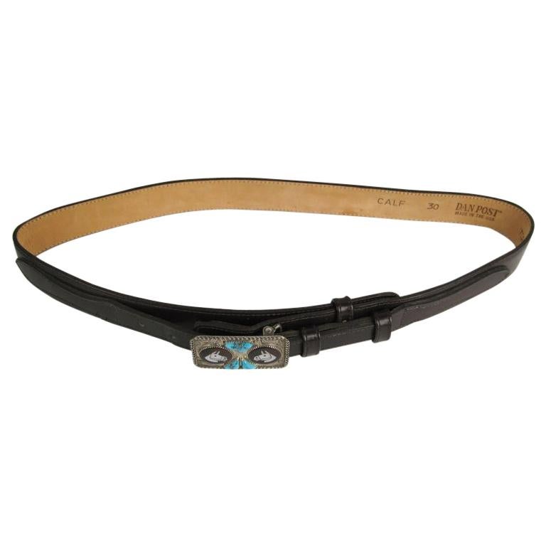 Sterling Silver Navajo Turquoise Belt Buckle w/ Leather Belt For Sale