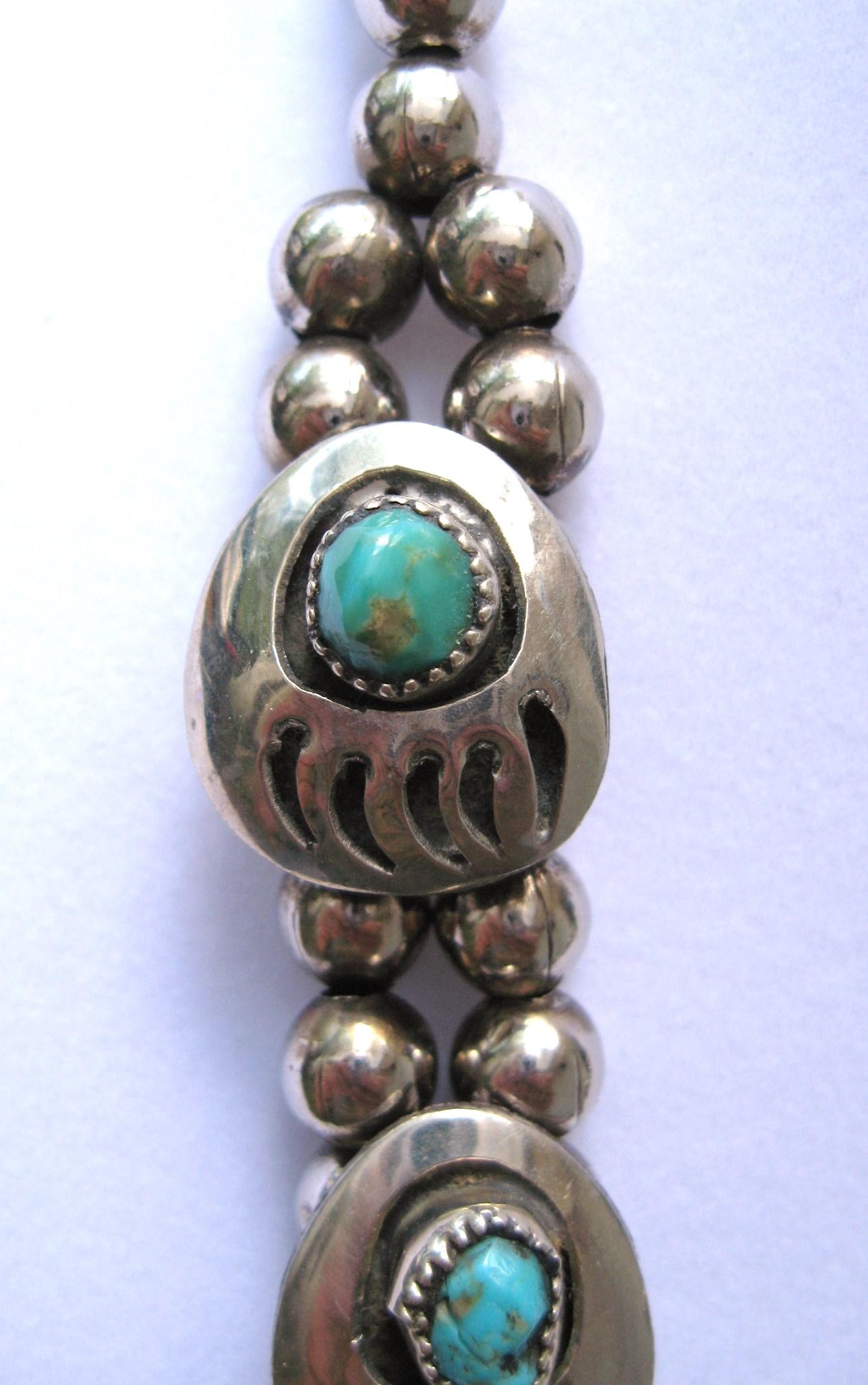 Native American Sterling Silver Bear Claw Navajo Turquoise Shadow box Necklace  For Sale
