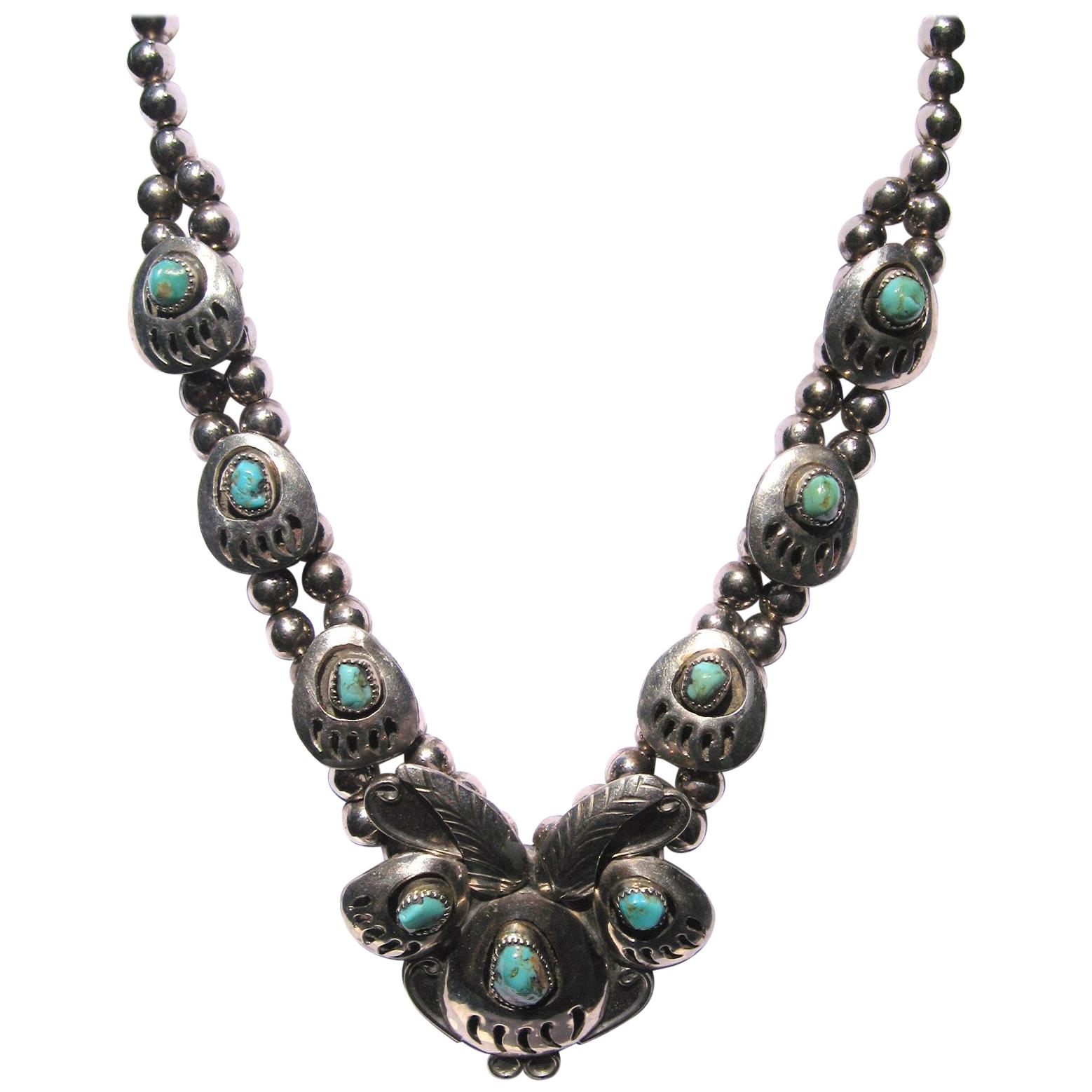Sterling Silver Bear Claw Navajo Turquoise Shadow box Necklace  For Sale
