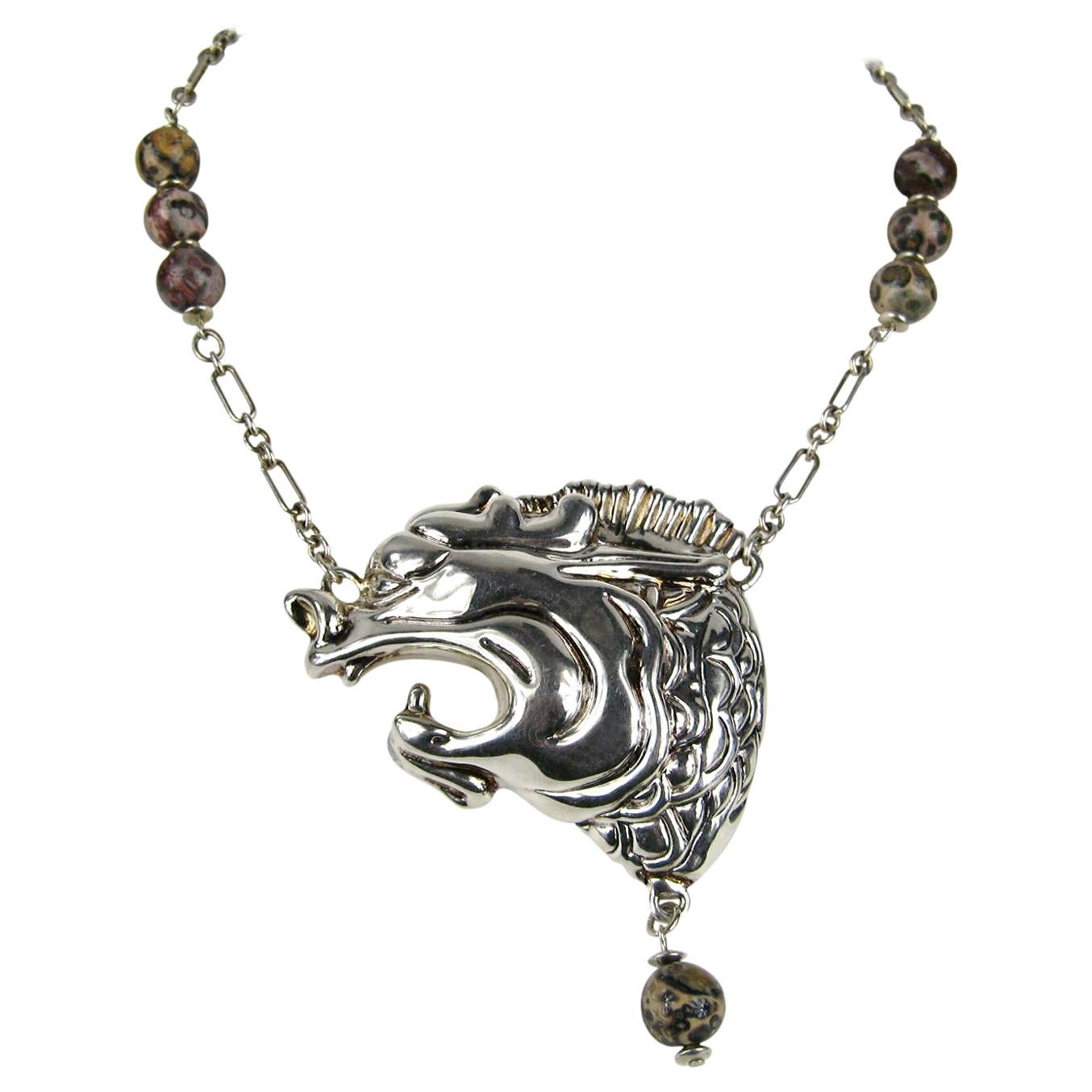 Sterling Silver Necklace Dragon FREDERIC JEAN DUCLOS ON WAX 1980s For Sale