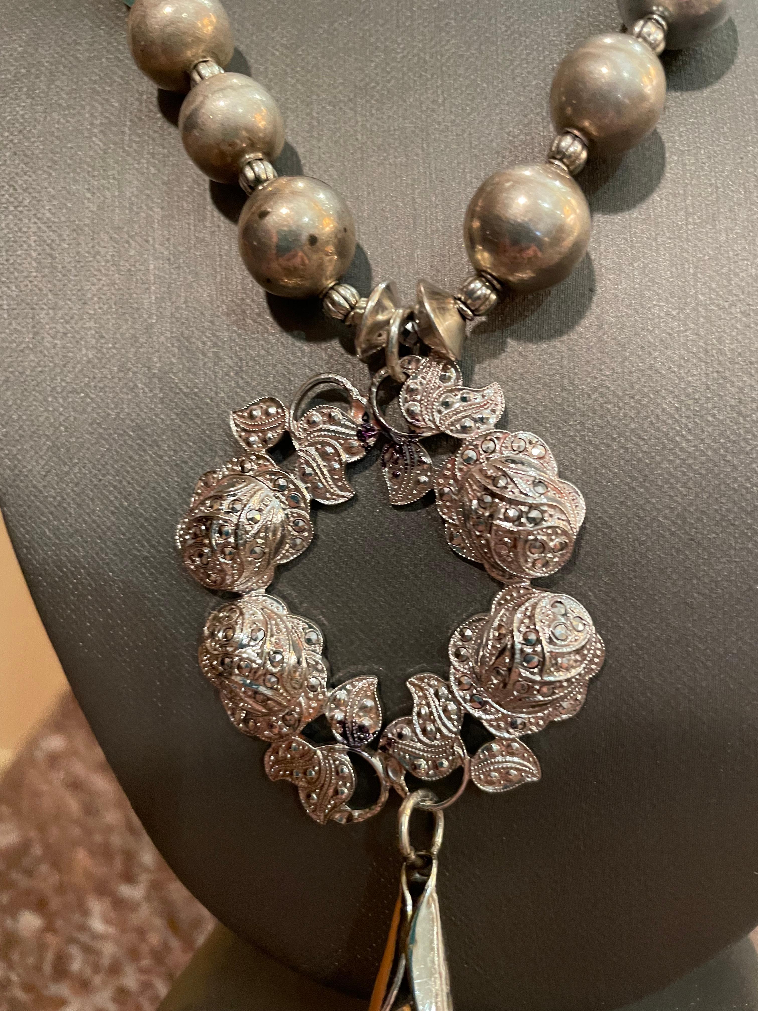 Sterling silver necklace of vintage brooches, sterling beads and Murano glass . For Sale 4