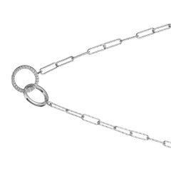 Sterling Silver Necklace Paper Chain (3mm) 2 CZ Circles, Rhodium Finish