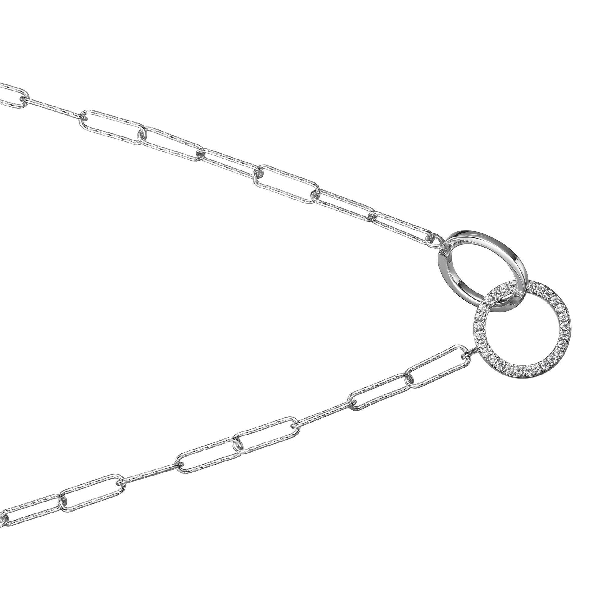 Round Cut Sterling Silver Necklace Paper Chain (3mm) 2 CZ Circles, Rhodium Finish For Sale