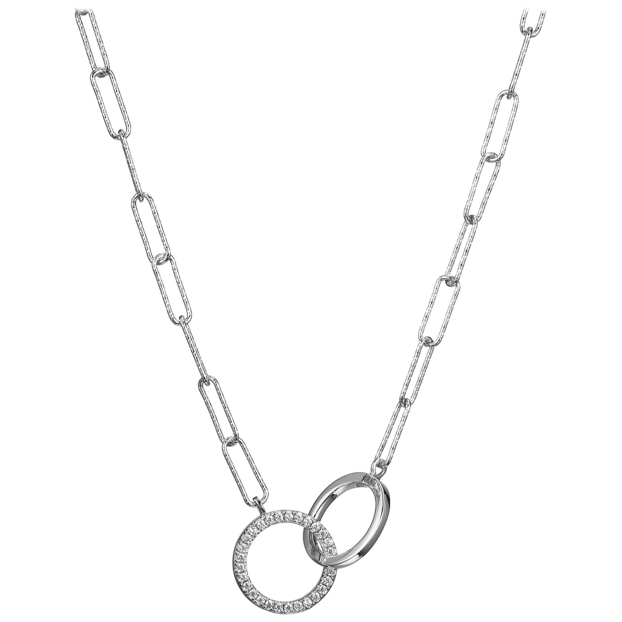 Sterling Silver Necklace Paper Chain (3mm) 2 CZ Circles, Rhodium Finish For Sale