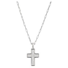 Sterling Silver Necklace Paperclip Chain (2mm) CZ Cross, Rhodium Finish