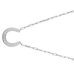 Sterling Silver Necklace Paperclip Chain (2mm) CZ Horseshoe, Rhodium Finish