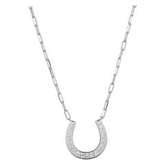Sterling Silver Necklace Paperclip Chain (2mm) CZ Horseshoe, Rhodium Finish
