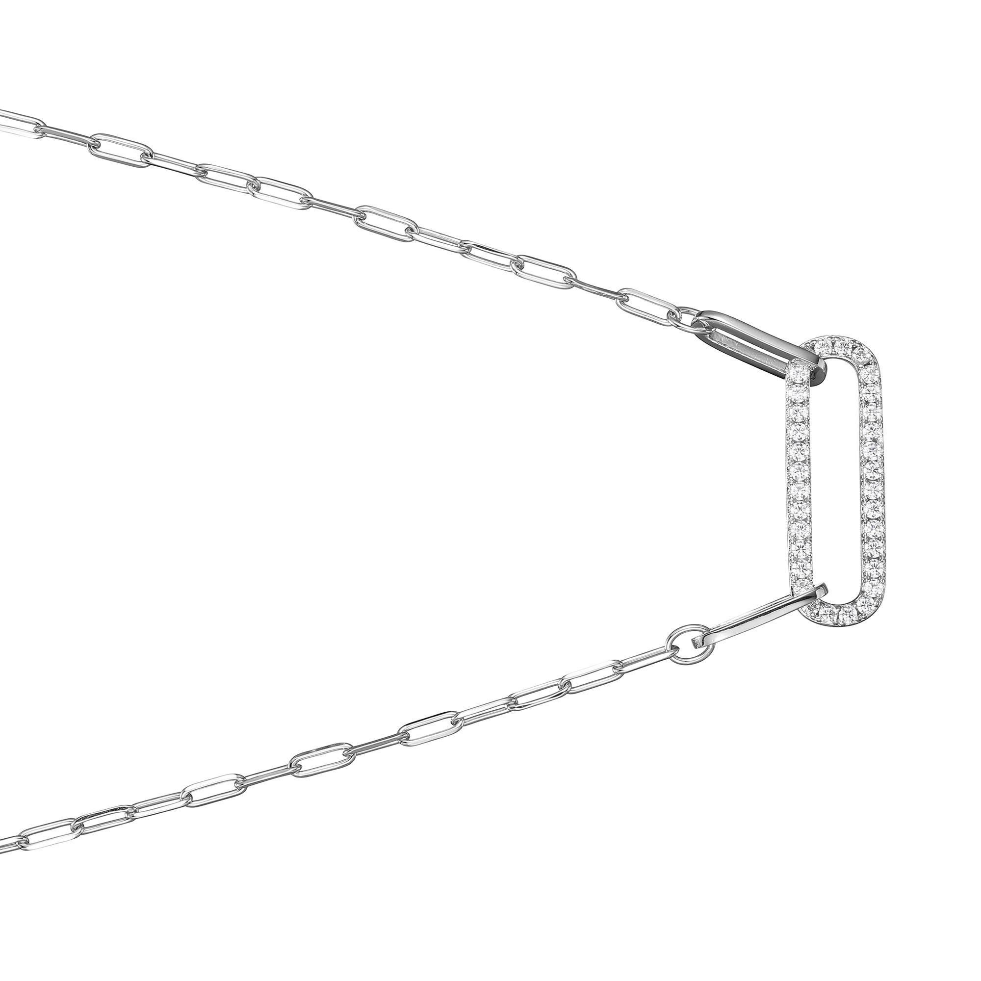 Modern Sterling Silver Necklace Paperclip Chain (2mm) CZ in Link Center, Rhodium Finish For Sale