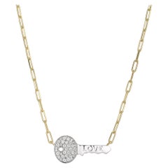 Sterling Silver Necklace Paperclip Chain (2mm) CZ Love Key, Yellow Gold Finish